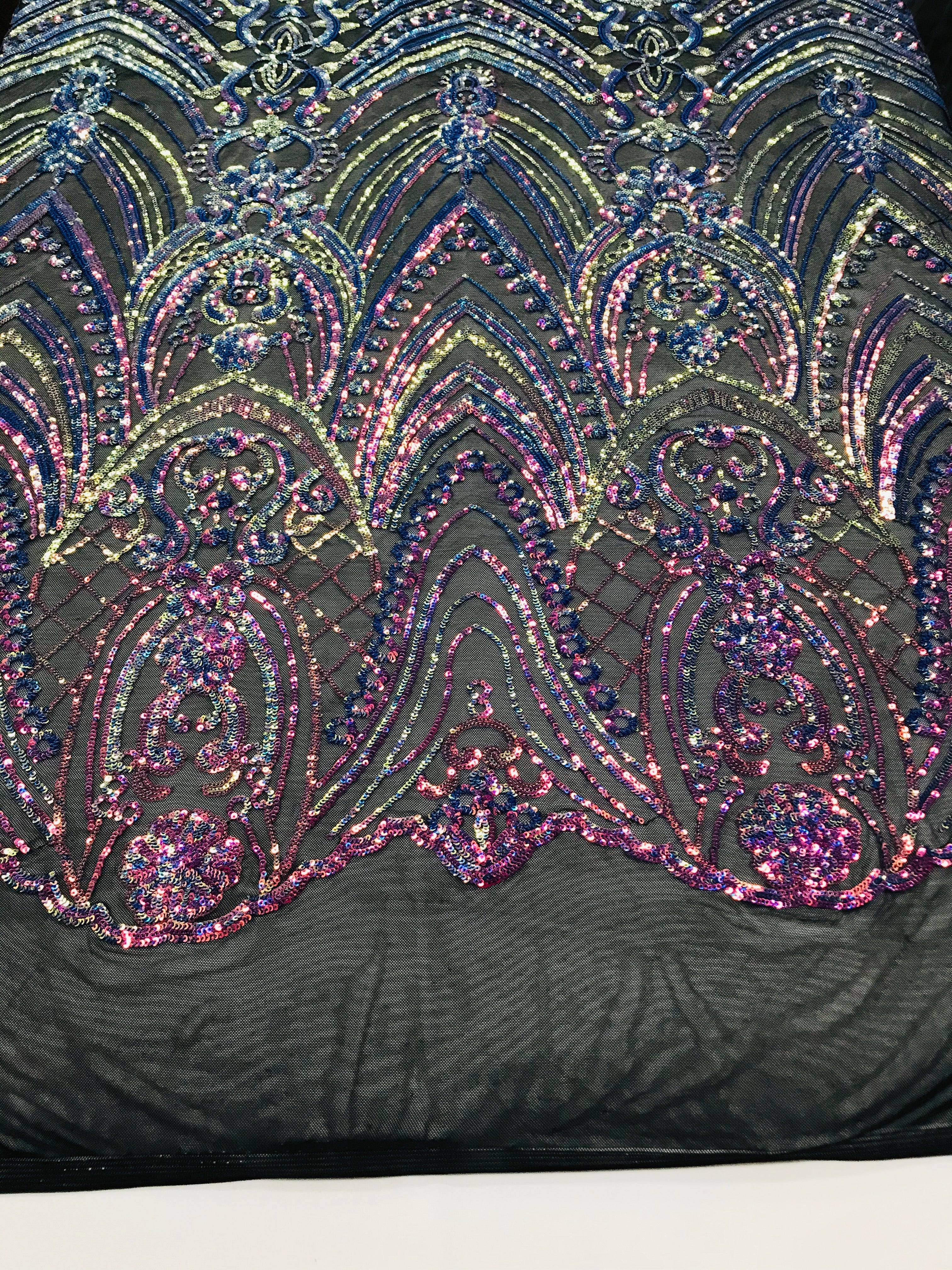 Fish Net Damask Sequins - Rainbow - 4 Way Stretch Shiny Fashion Sequins By Yard