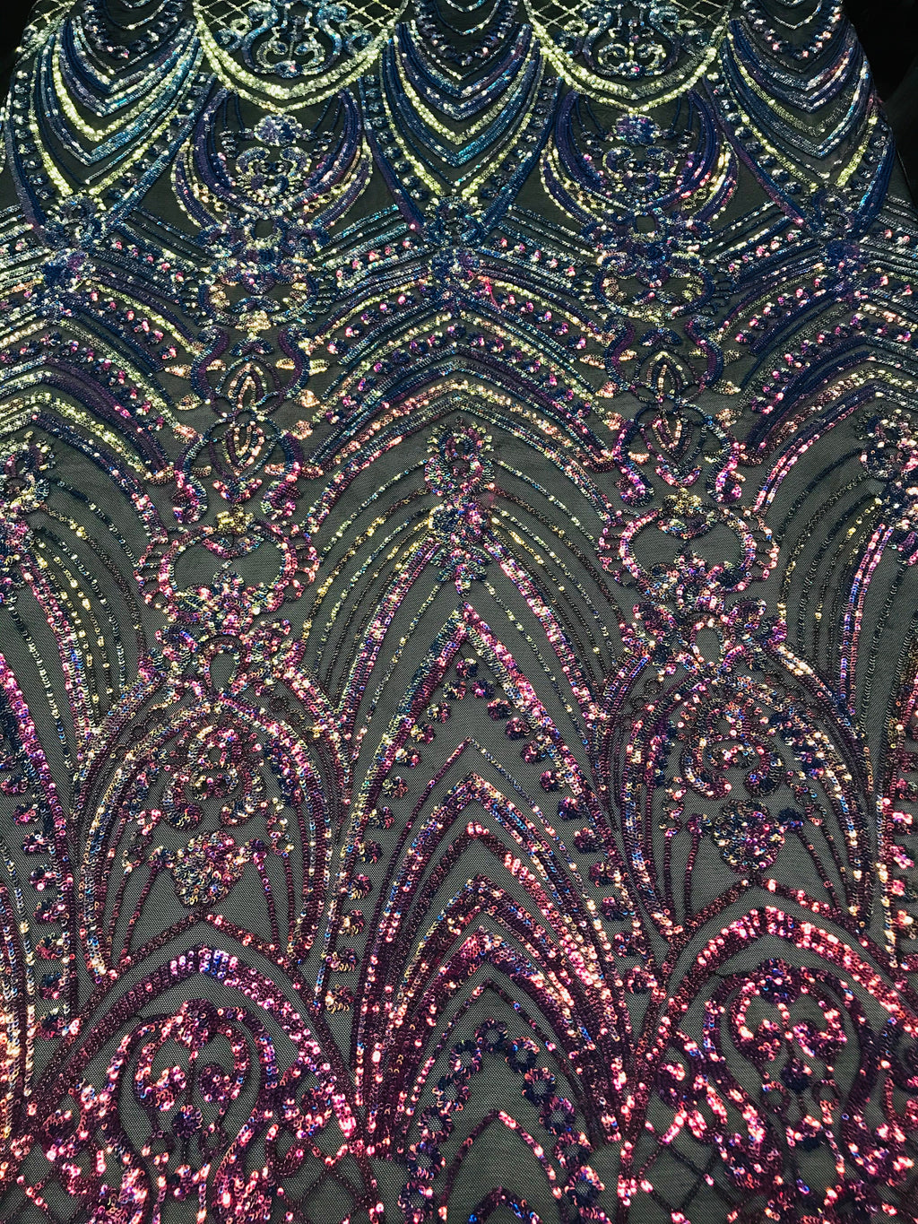 Fish Net Damask Sequins - Rainbow - 4 Way Stretch Shiny Fashion Sequins By Yard