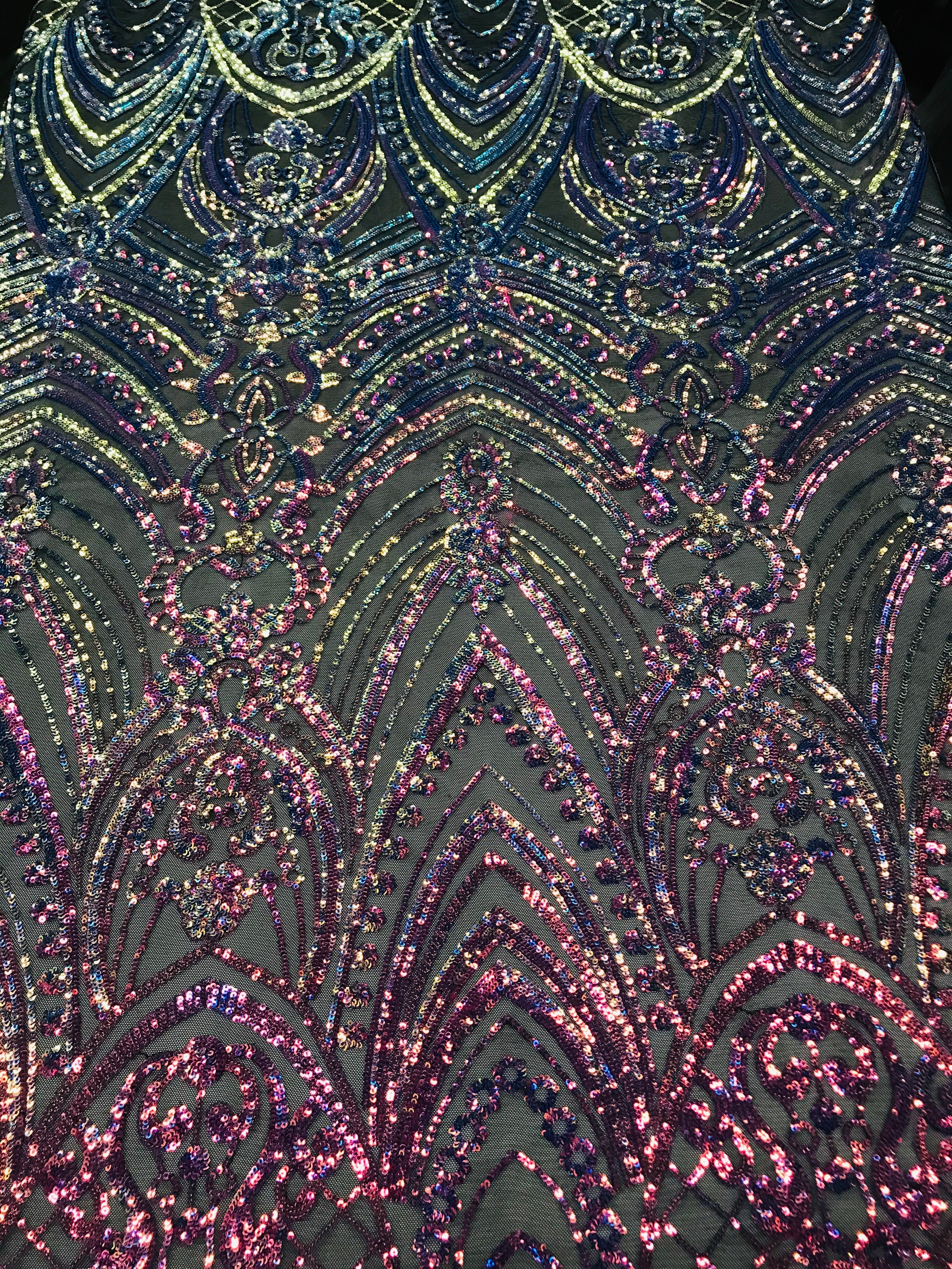 Fish Net Damask Sequins - Rainbow - 4 Way Stretch Shiny Fashion Sequins By Yard