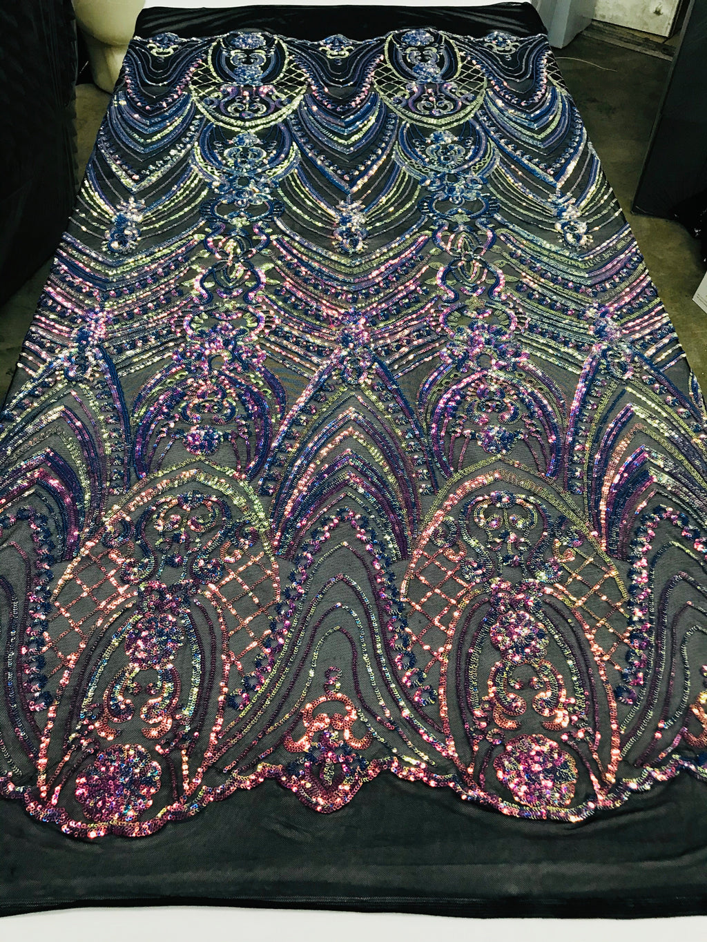 Fish Net Damask Sequins - Rainbow - 4 Way Stretch Shiny Fashion Sequins By Yard