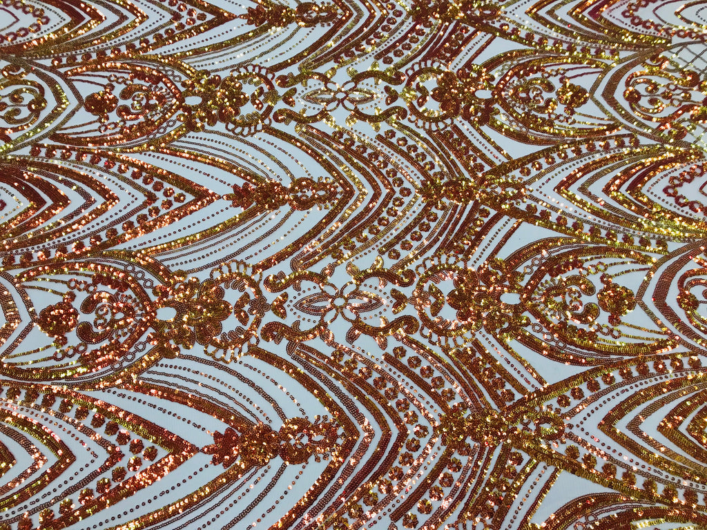 Fish Net Damask Sequins - Orange Nude Mesh - 4 Way Stretch Shiny Fashion Sequins By Yard