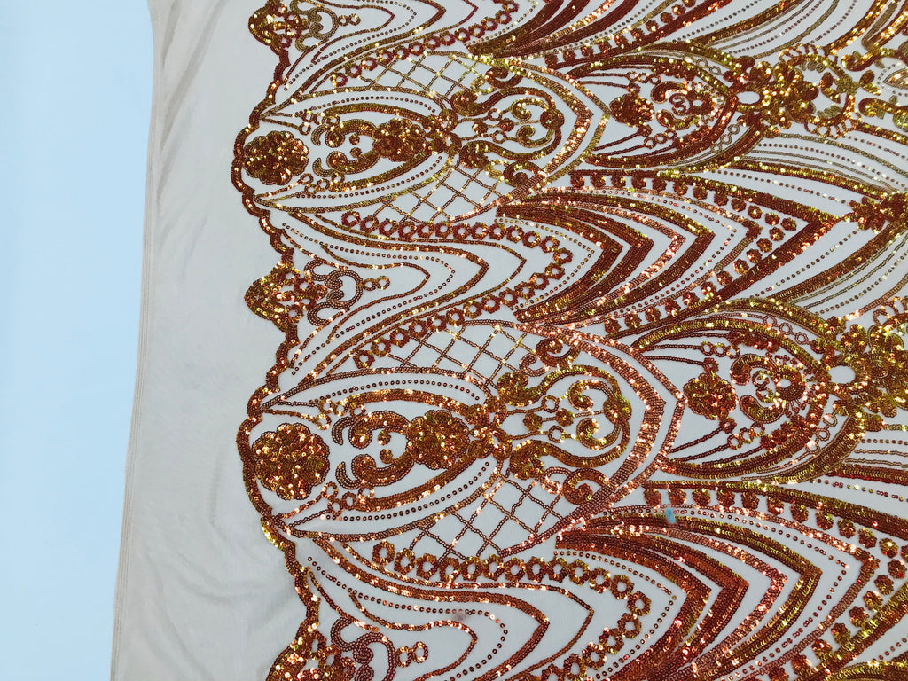 Fish Net Damask Sequins - Orange Nude Mesh - 4 Way Stretch Shiny Fashion Sequins By Yard