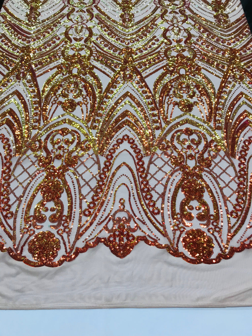 Fish Net Damask Sequins - Orange Nude Mesh - 4 Way Stretch Shiny Fashion Sequins By Yard