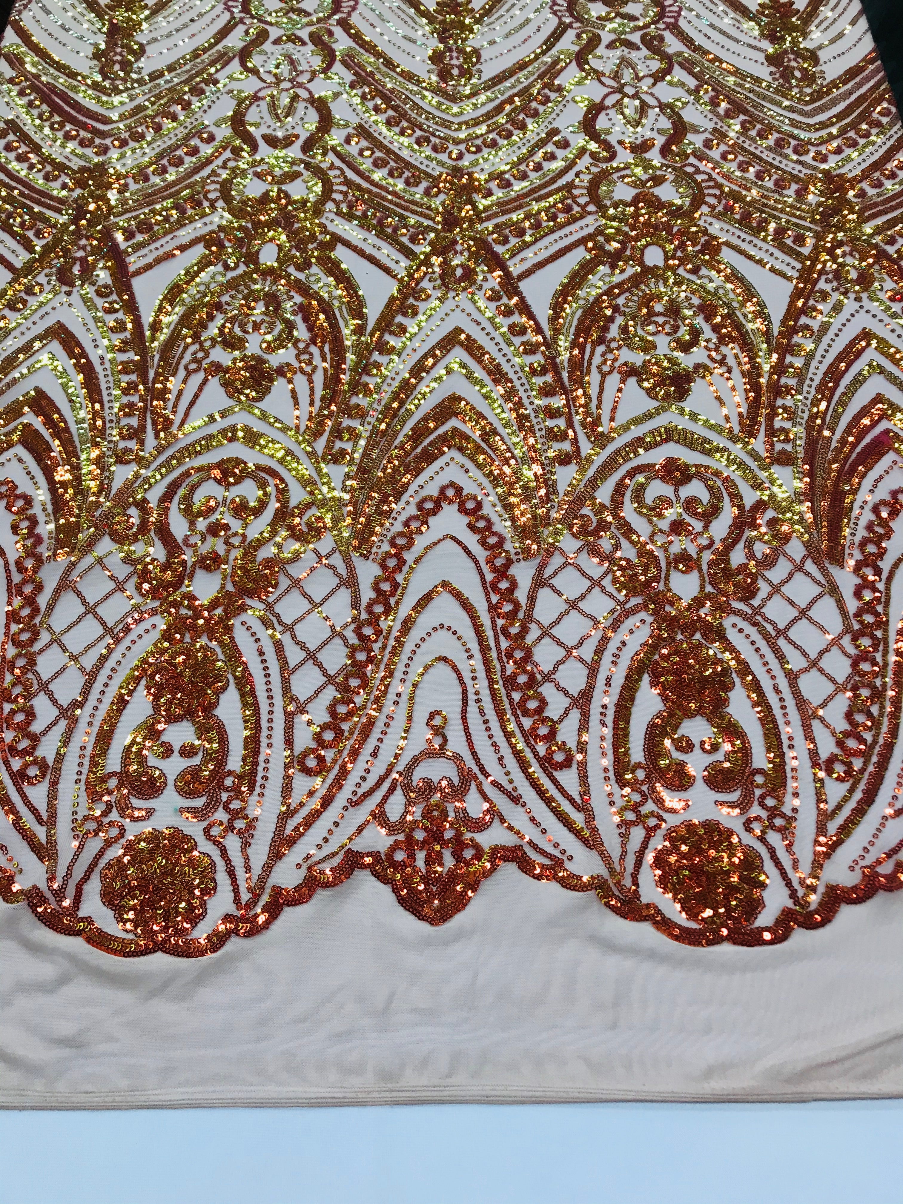 Fish Net Damask Sequins - Orange Nude Mesh - 4 Way Stretch Shiny Fashion Sequins By Yard