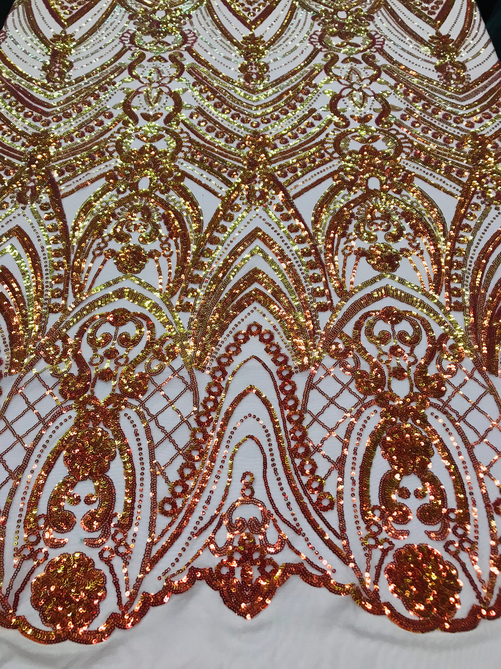 Fish Net Damask Sequins - Orange Nude Mesh - 4 Way Stretch Shiny Fashion Sequins By Yard
