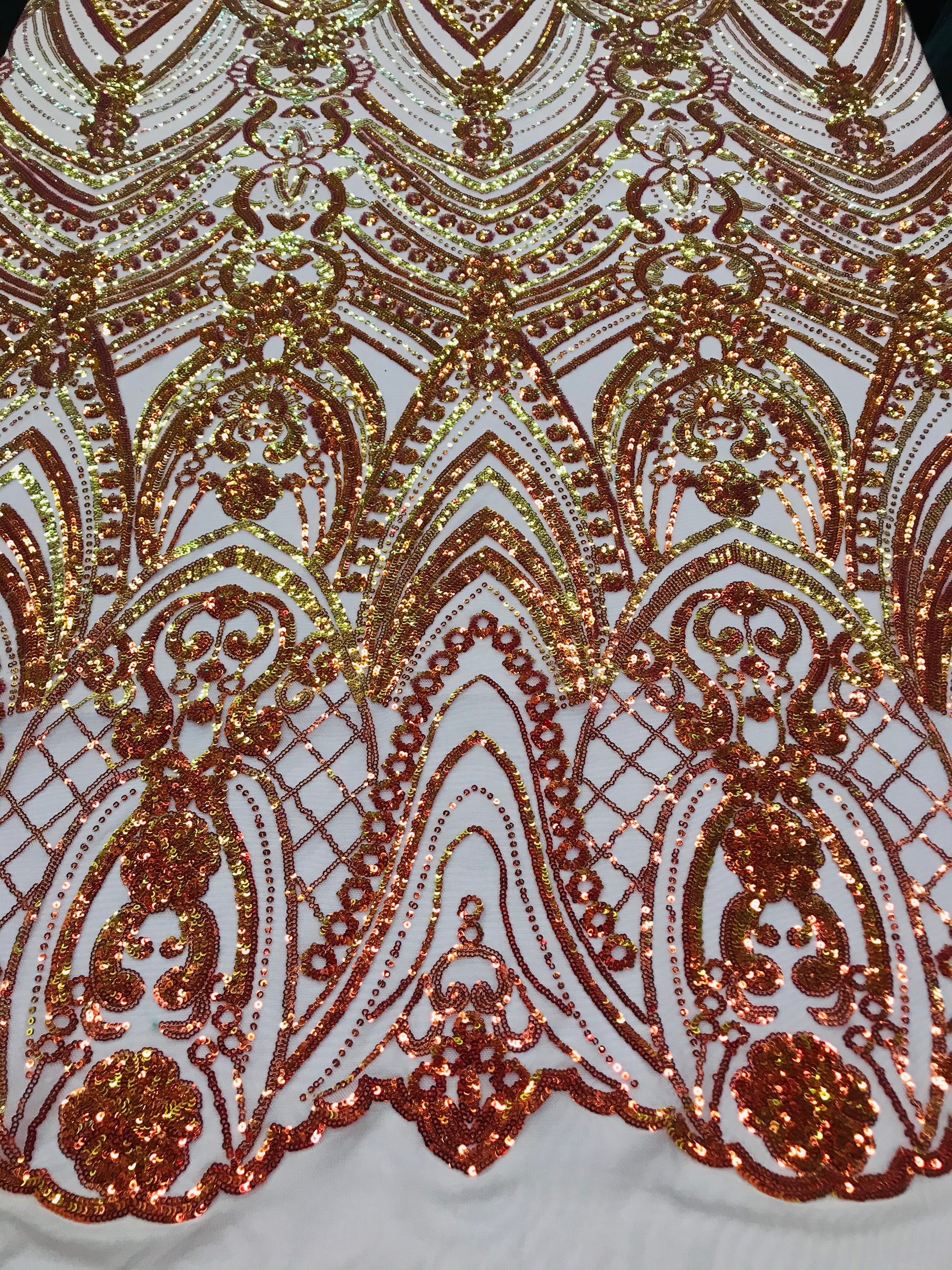 Fish Net Damask Sequins - Orange Nude Mesh - 4 Way Stretch Shiny Fashion Sequins By Yard
