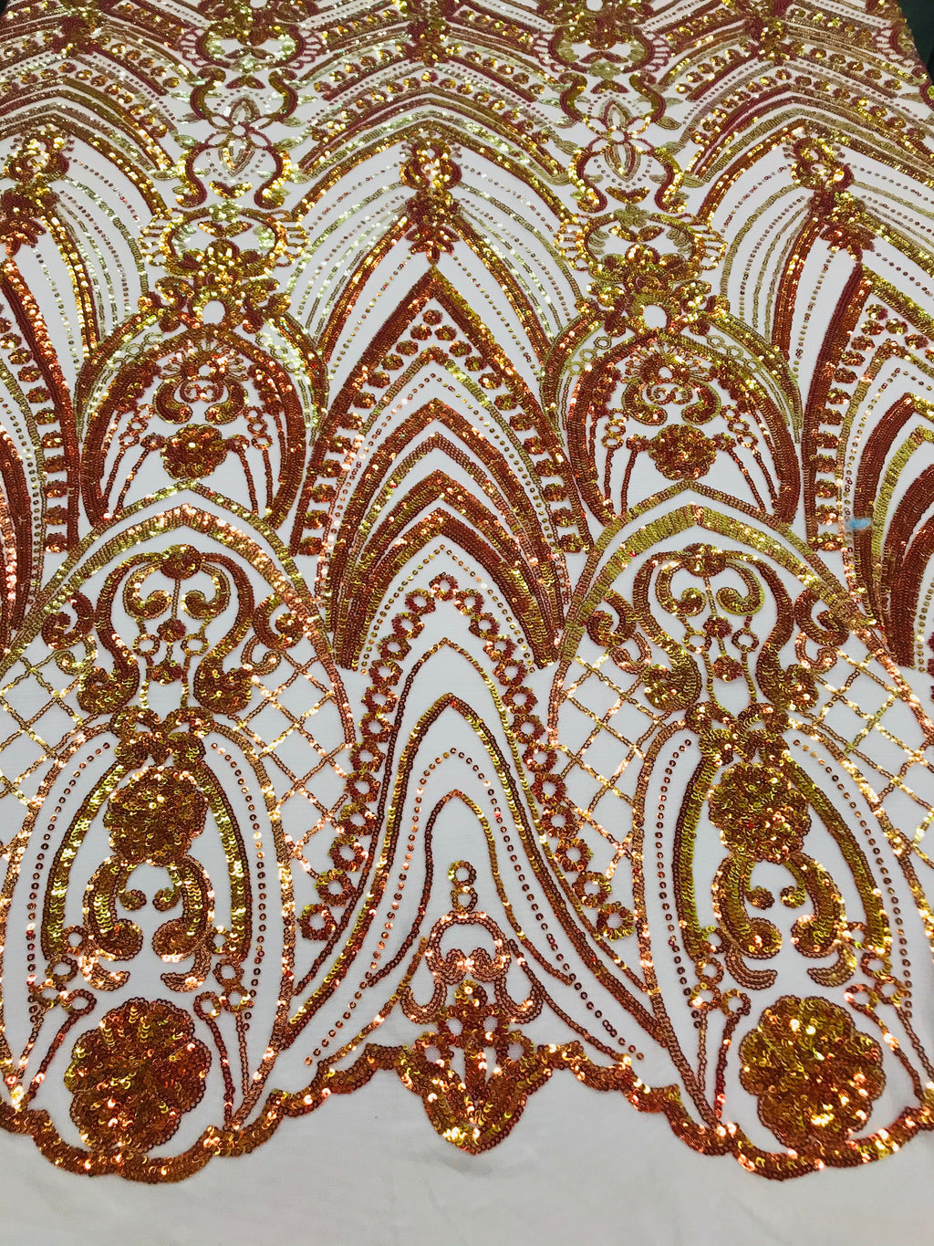 Fish Net Damask Sequins - Orange Nude Mesh - 4 Way Stretch Shiny Fashion Sequins By Yard