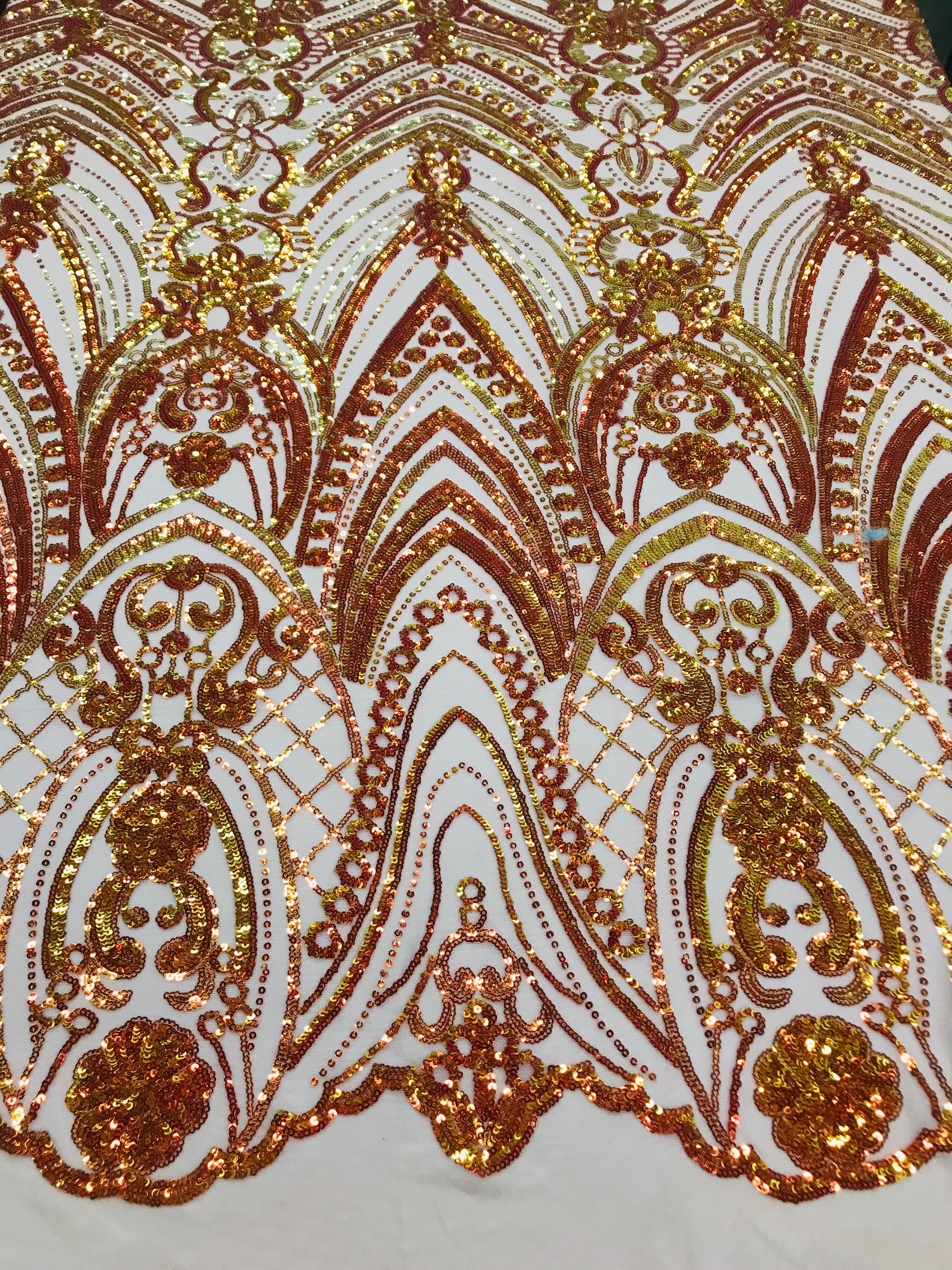 Fish Net Damask Sequins - Orange Nude Mesh - 4 Way Stretch Shiny Fashion Sequins By Yard