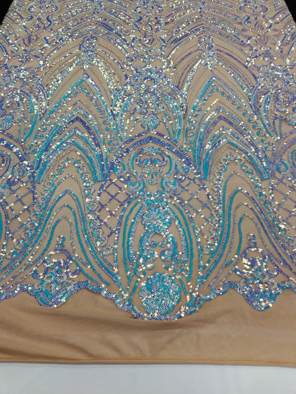 Fish Net Damask Sequins - Aqua - 4 Way Stretch Shiny Fashion Sequins By Yard