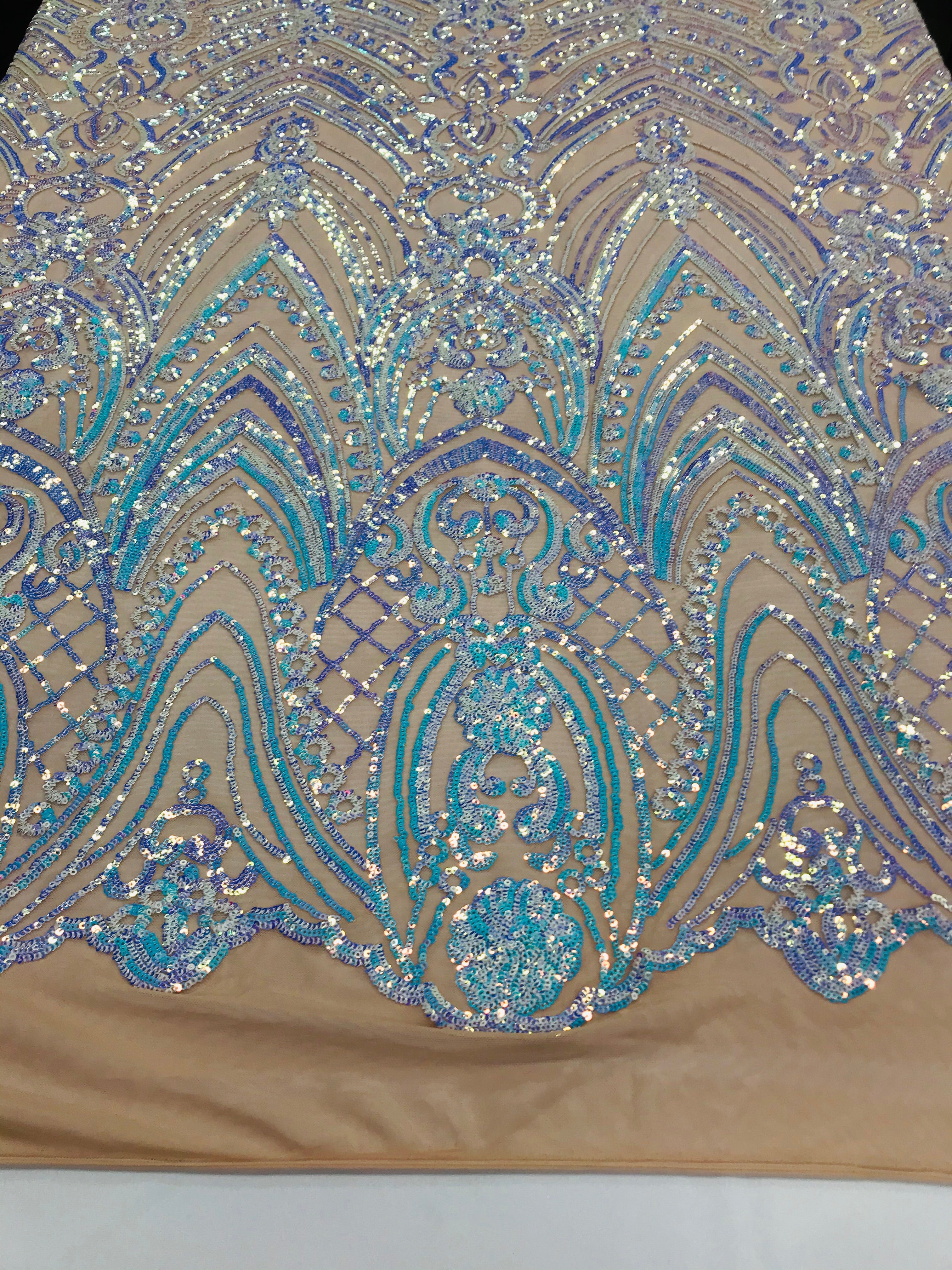 Fish Net Damask Sequins - Aqua - 4 Way Stretch Shiny Fashion Sequins By Yard