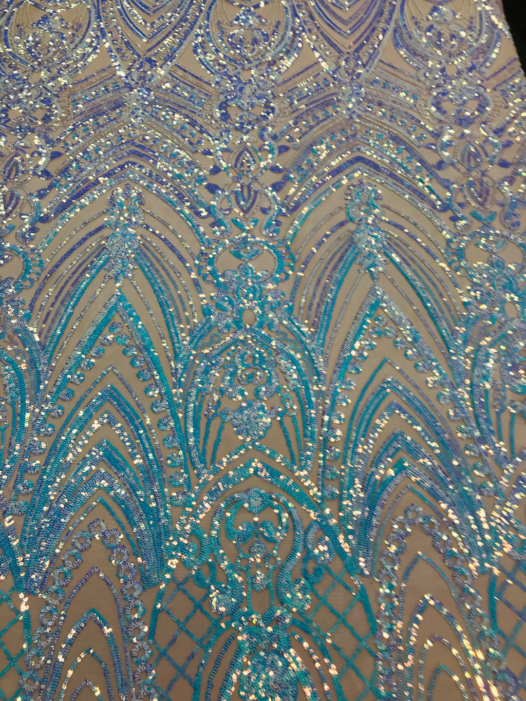 Fish Net Damask Sequins - Aqua - 4 Way Stretch Shiny Fashion Sequins By Yard