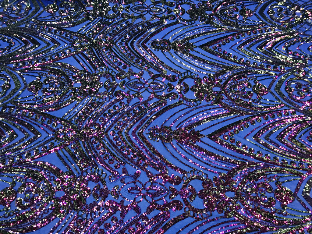 Fish Net Damask Sequins - Magenta - 4 Way Stretch Shiny Fashion Sequins By Yard