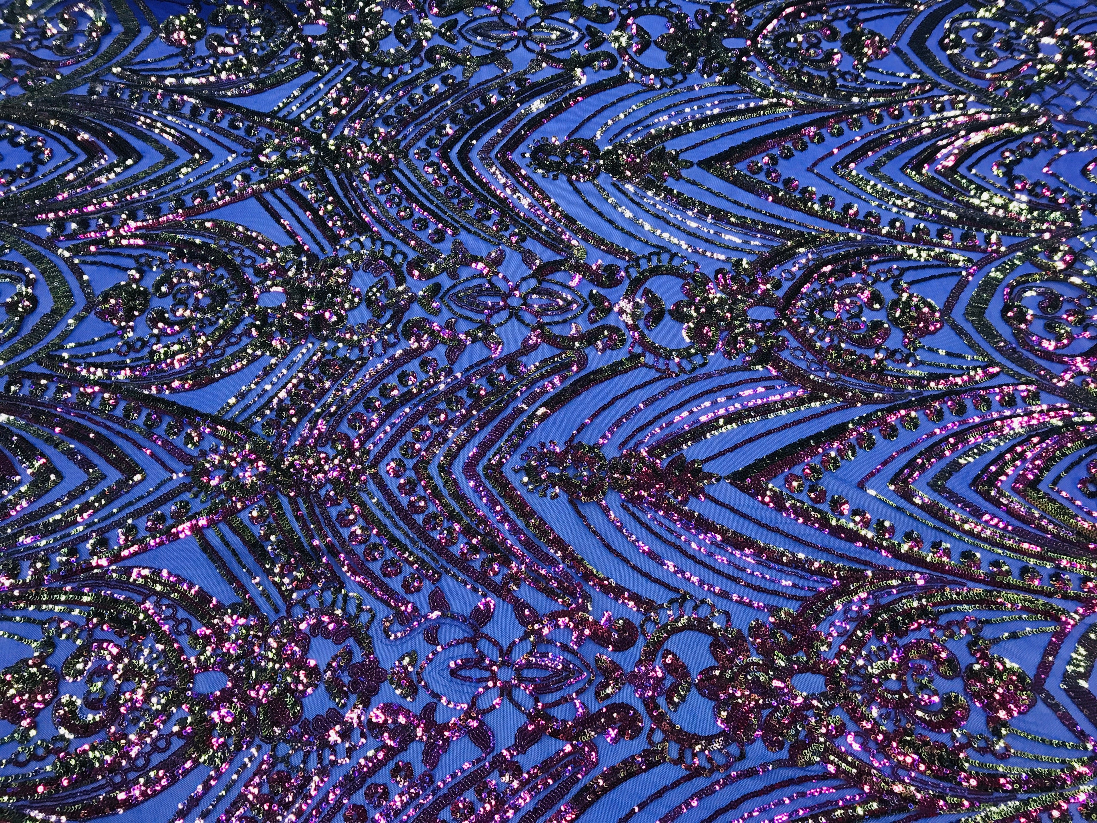 Fish Net Damask Sequins - Magenta - 4 Way Stretch Shiny Fashion Sequins By Yard