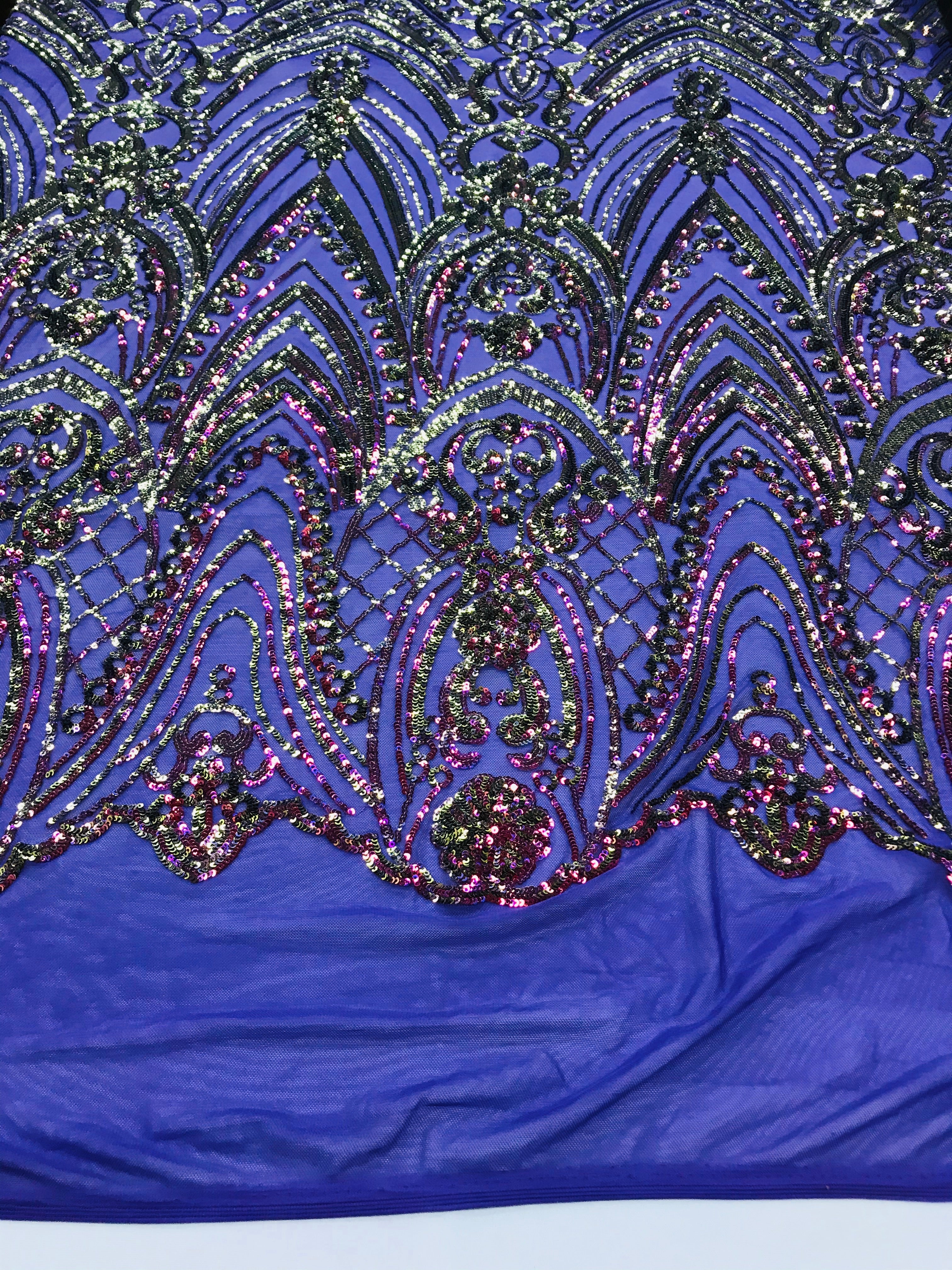 Fish Net Damask Sequins - Magenta - 4 Way Stretch Shiny Fashion Sequins By Yard