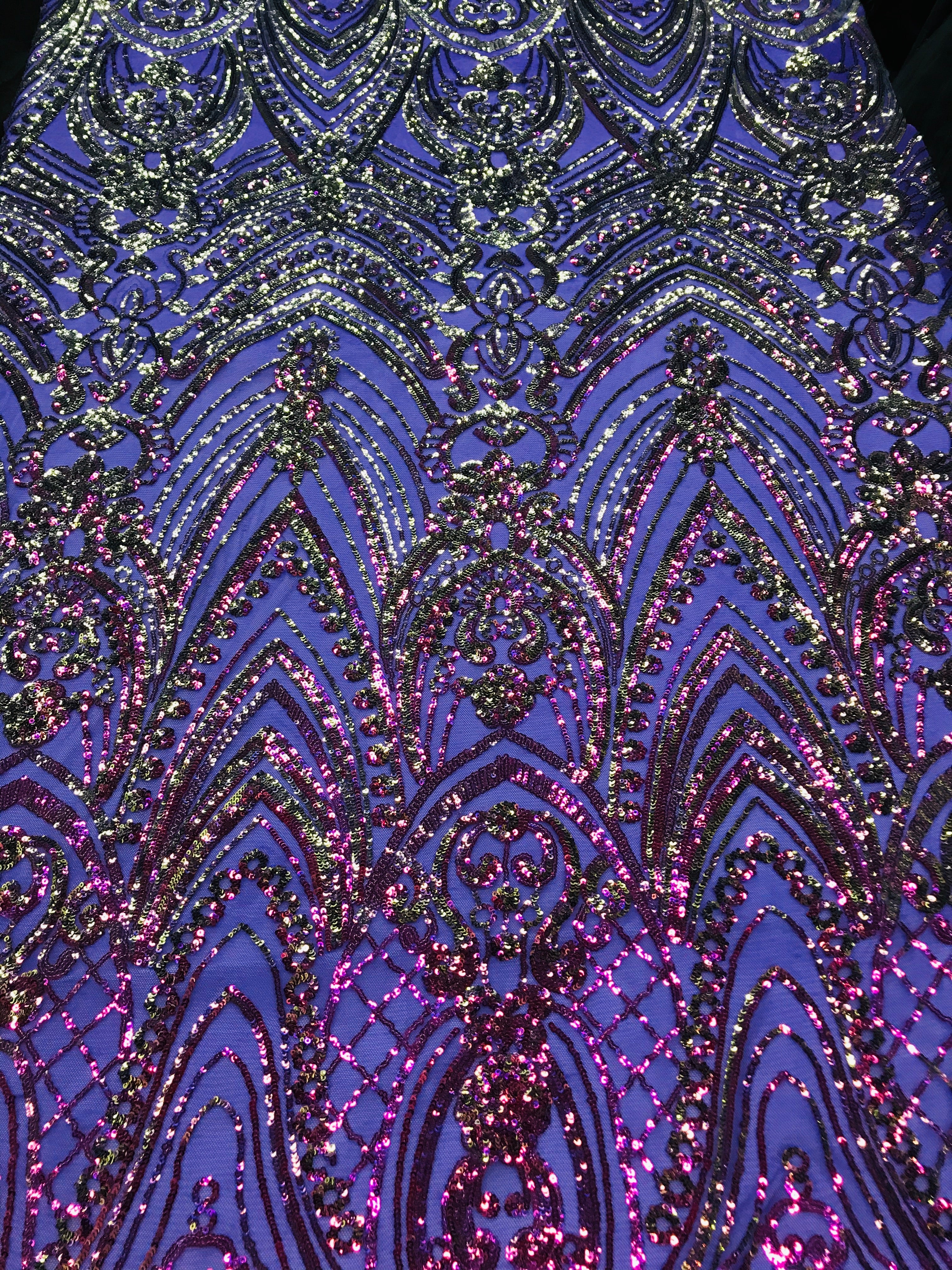 Fish Net Damask Sequins - Magenta - 4 Way Stretch Shiny Fashion Sequins By Yard