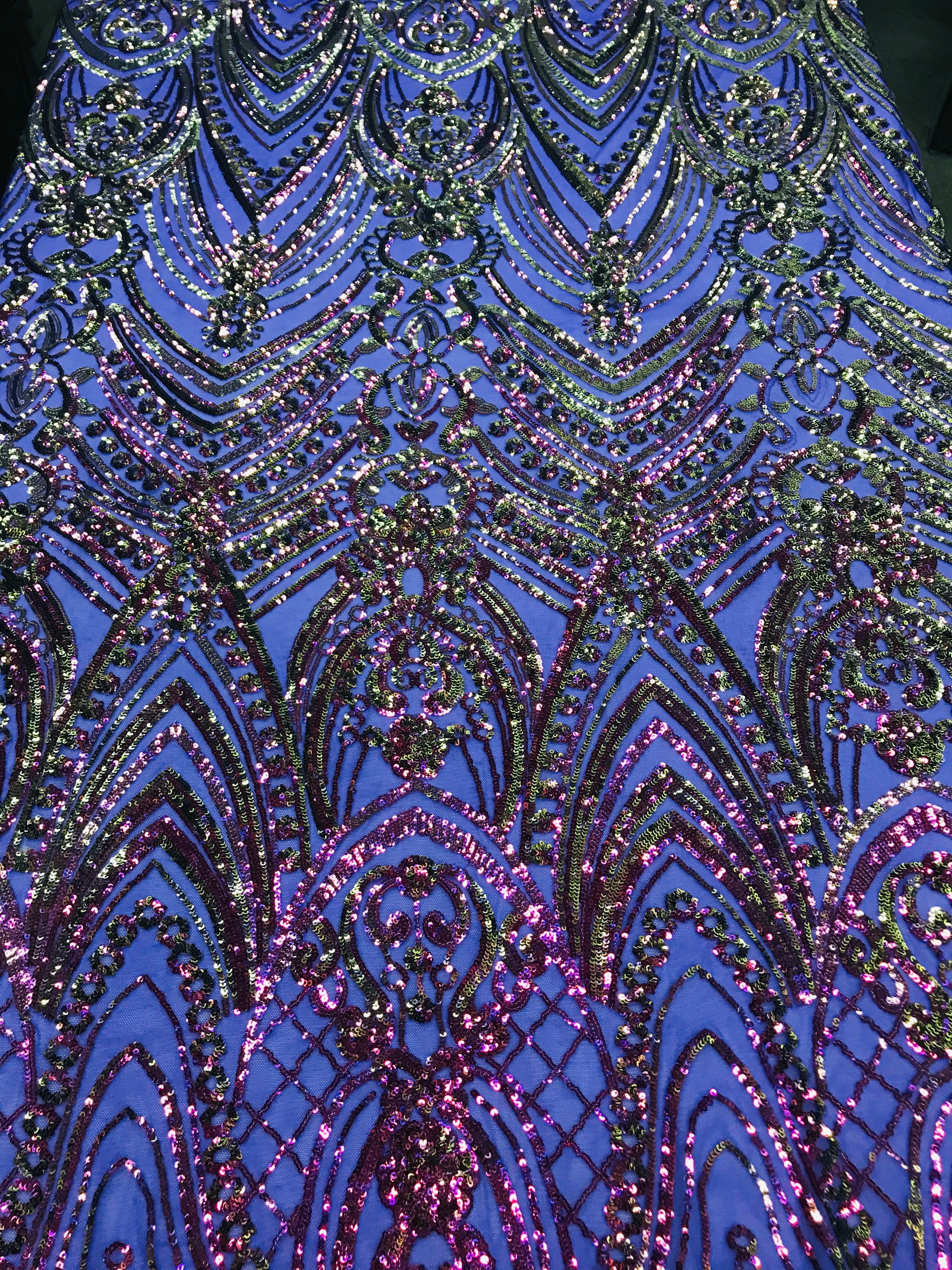 Fish Net Damask Sequins - Magenta - 4 Way Stretch Shiny Fashion Sequins By Yard