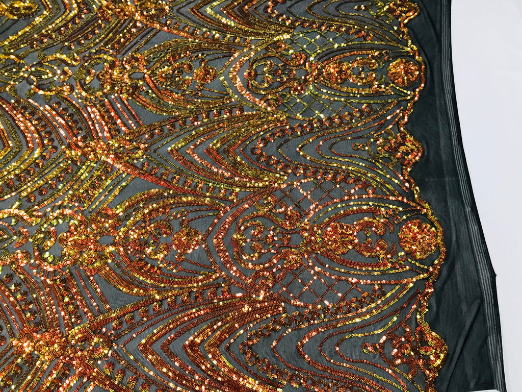Fish Net Damask Sequins - Orange Black Mesh - 4 Way Stretch Shiny Fashion Sequins By Yard