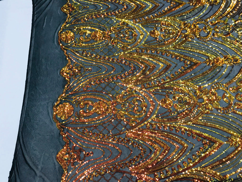 Fish Net Damask Sequins - Orange Black Mesh - 4 Way Stretch Shiny Fashion Sequins By Yard