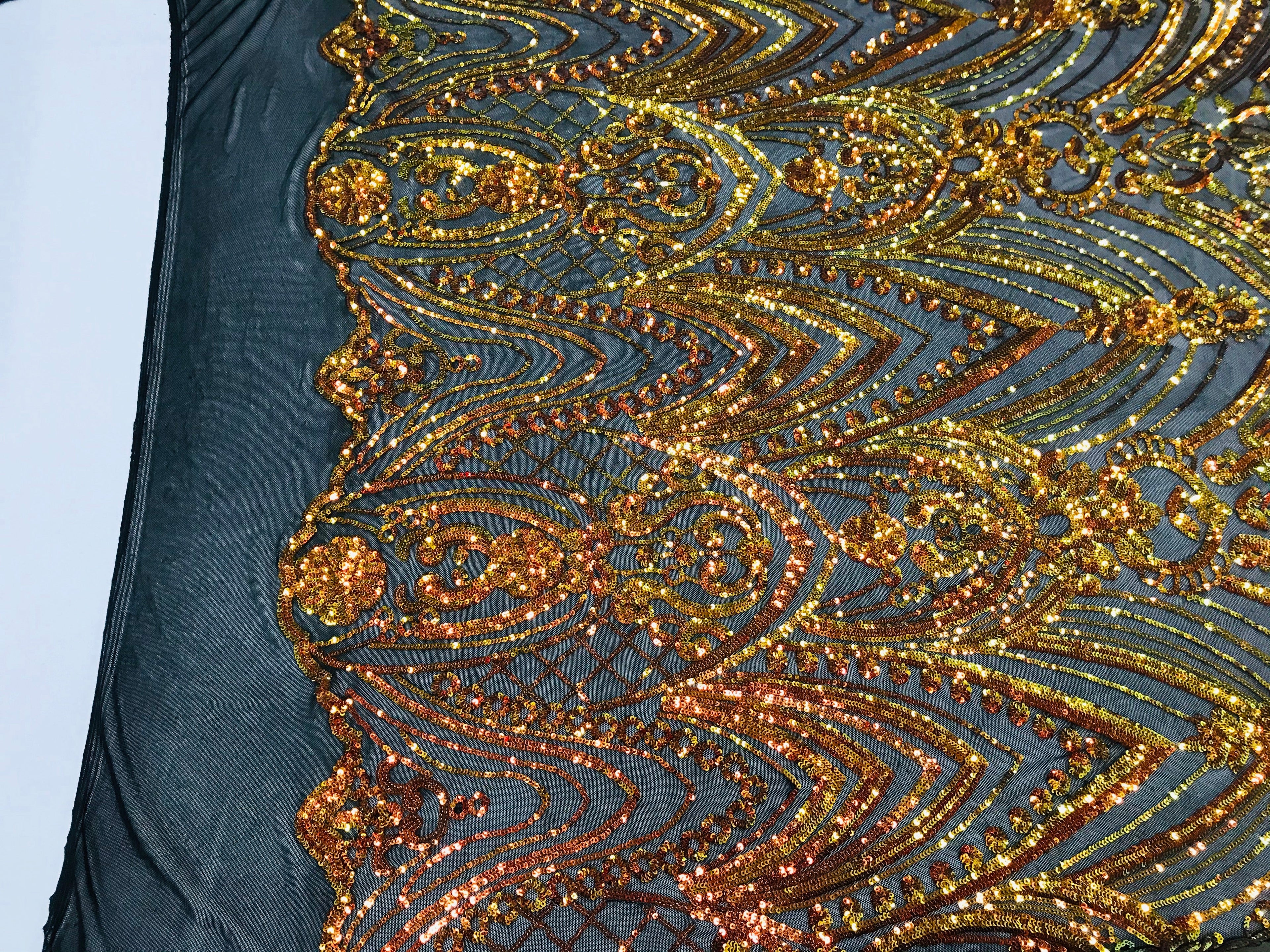 Fish Net Damask Sequins - Orange Black Mesh - 4 Way Stretch Shiny Fashion Sequins By Yard