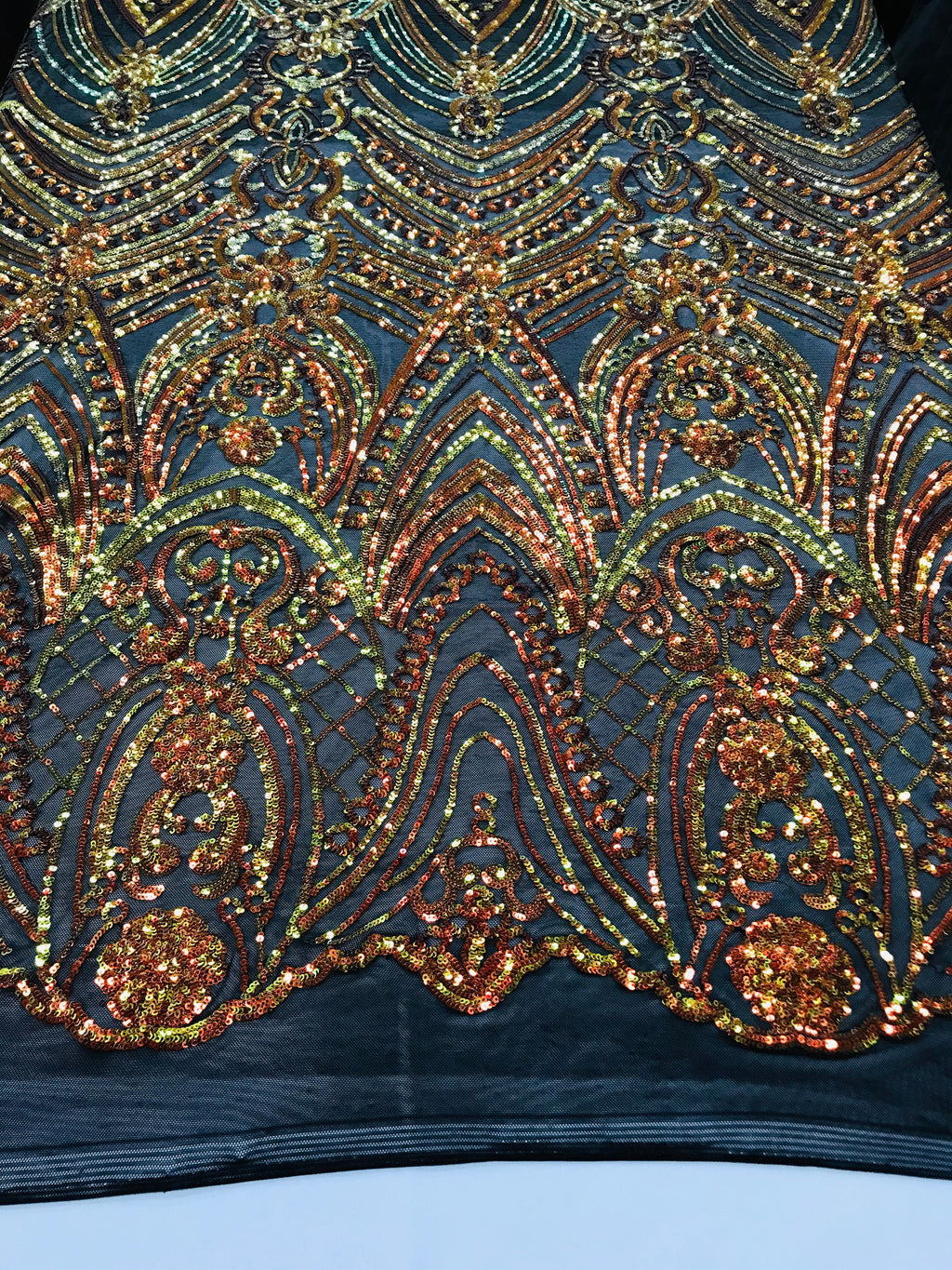 Fish Net Damask Sequins - Orange Black Mesh - 4 Way Stretch Shiny Fashion Sequins By Yard