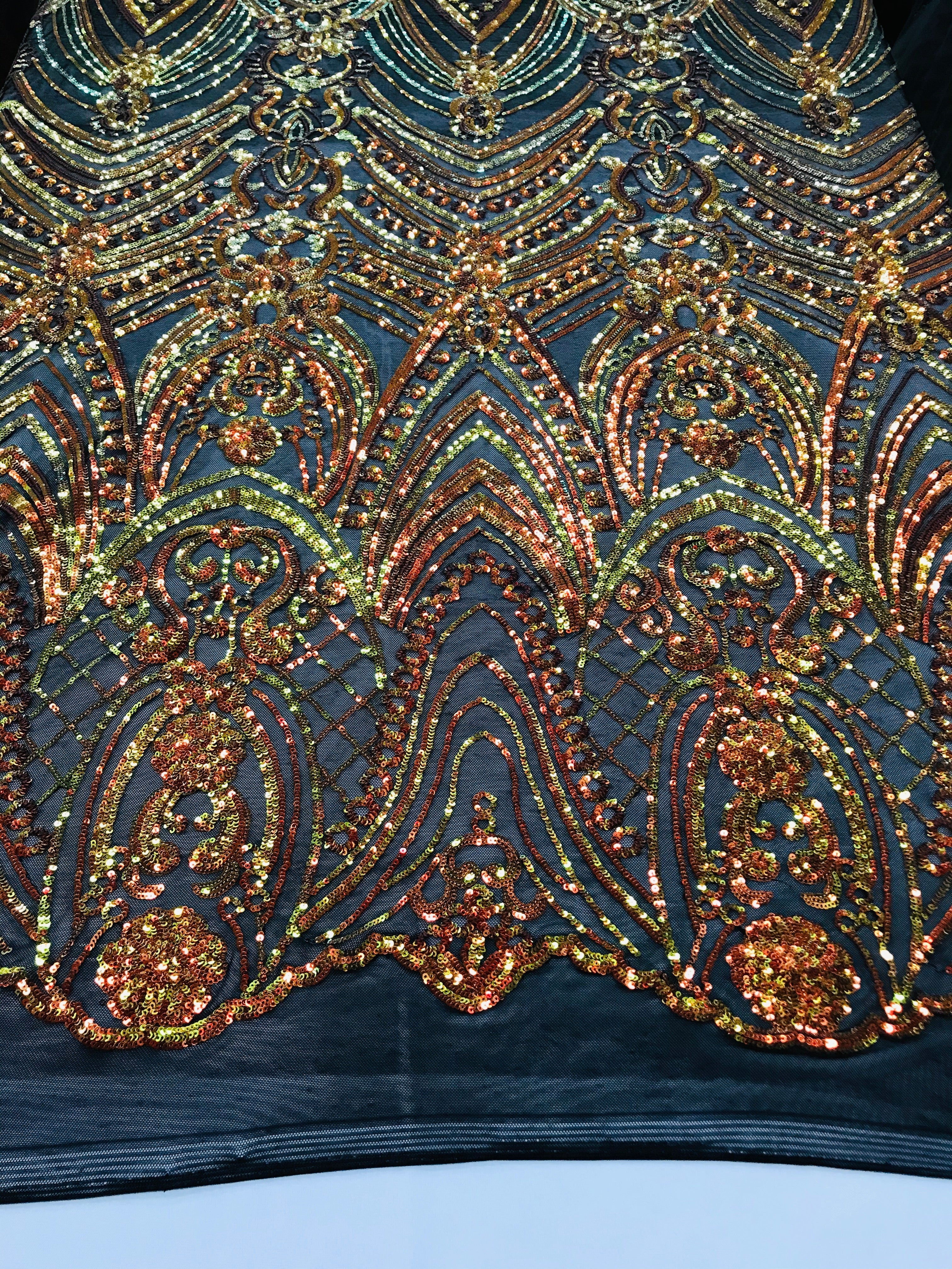 Fish Net Damask Sequins - Orange Black Mesh - 4 Way Stretch Shiny Fashion Sequins By Yard