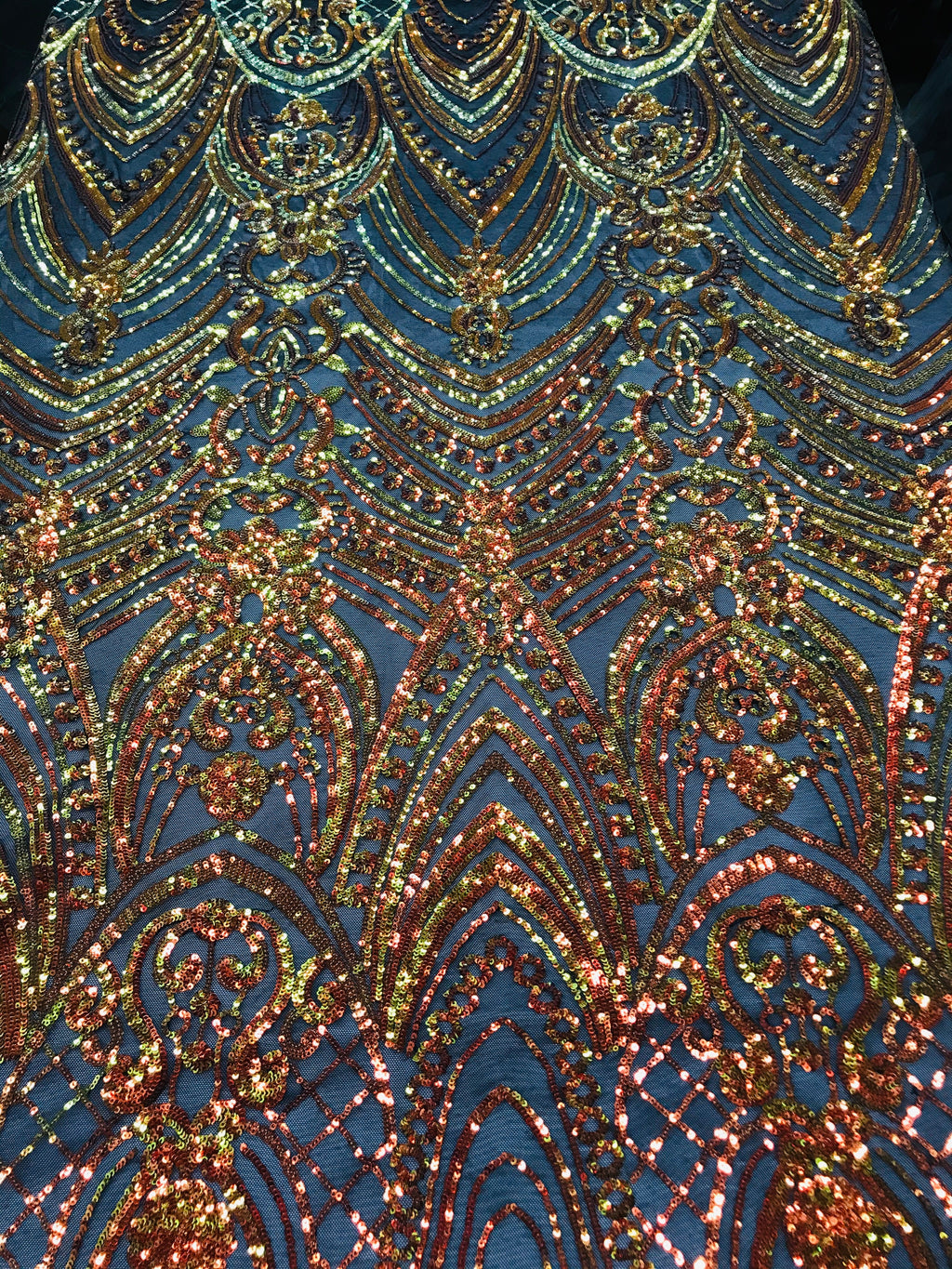 Fish Net Damask Sequins - Orange Black Mesh - 4 Way Stretch Shiny Fashion Sequins By Yard