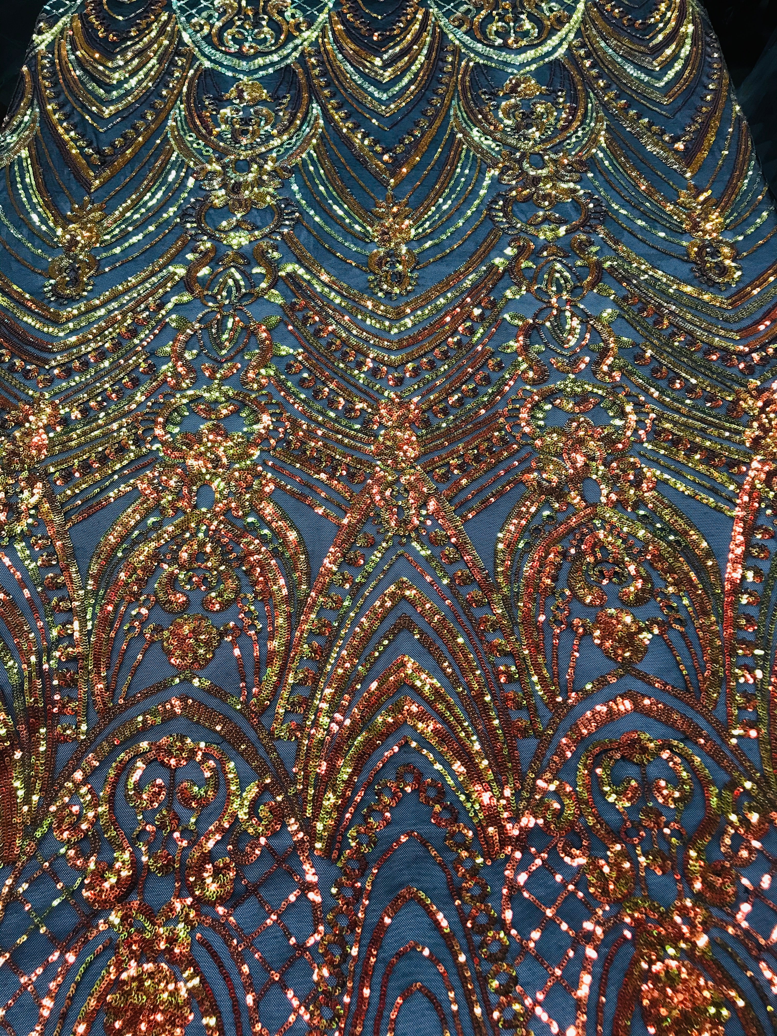 Fish Net Damask Sequins - Orange Black Mesh - 4 Way Stretch Shiny Fashion Sequins By Yard