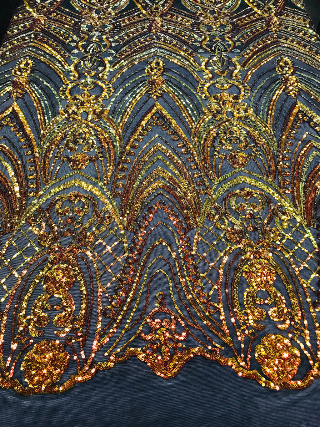 Fish Net Damask Sequins - Orange Black Mesh - 4 Way Stretch Shiny Fashion Sequins By Yard