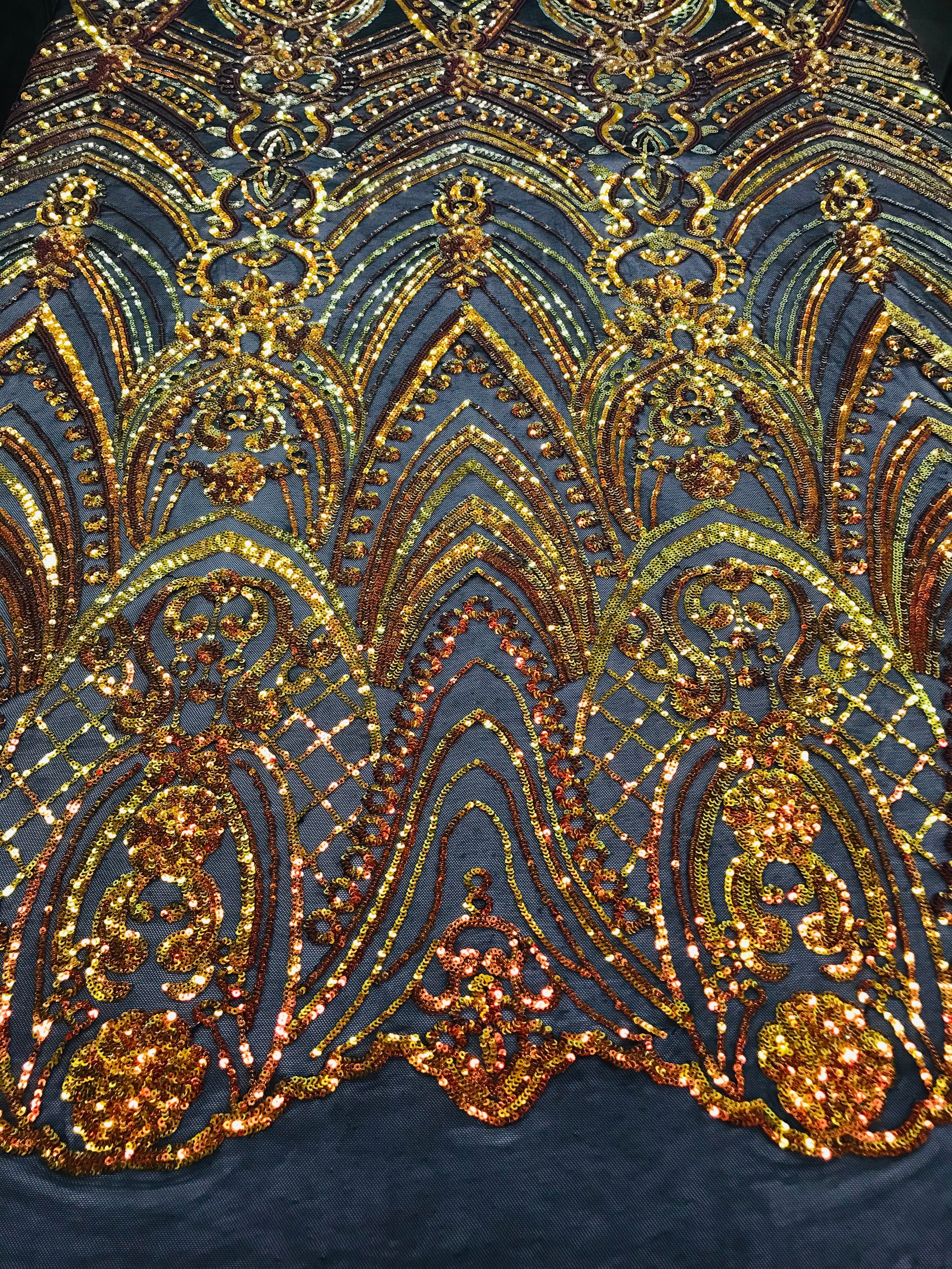 Fish Net Damask Sequins - Orange Black Mesh - 4 Way Stretch Shiny Fashion Sequins By Yard