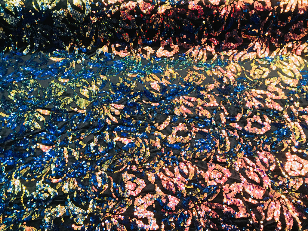 Reversible Velvet Sequins - Iridescent Rainbow - 2 Way Stretch Pattern Sequins on Black Velvet