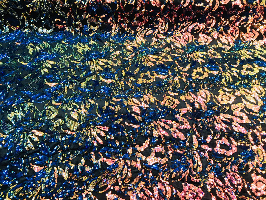 Reversible Velvet Sequins - Iridescent Rainbow - 2 Way Stretch Pattern Sequins on Black Velvet