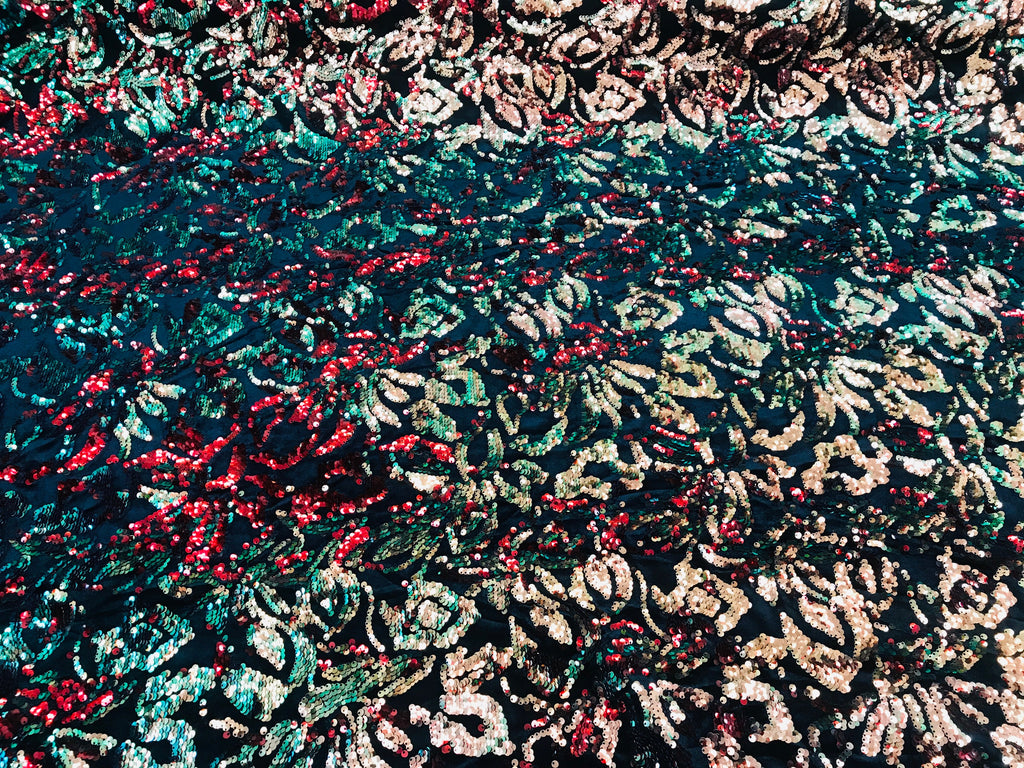 Reversible Velvet Sequins - Orange / Red - 2 Way Stretch Pattern Sequins on Black Velvet