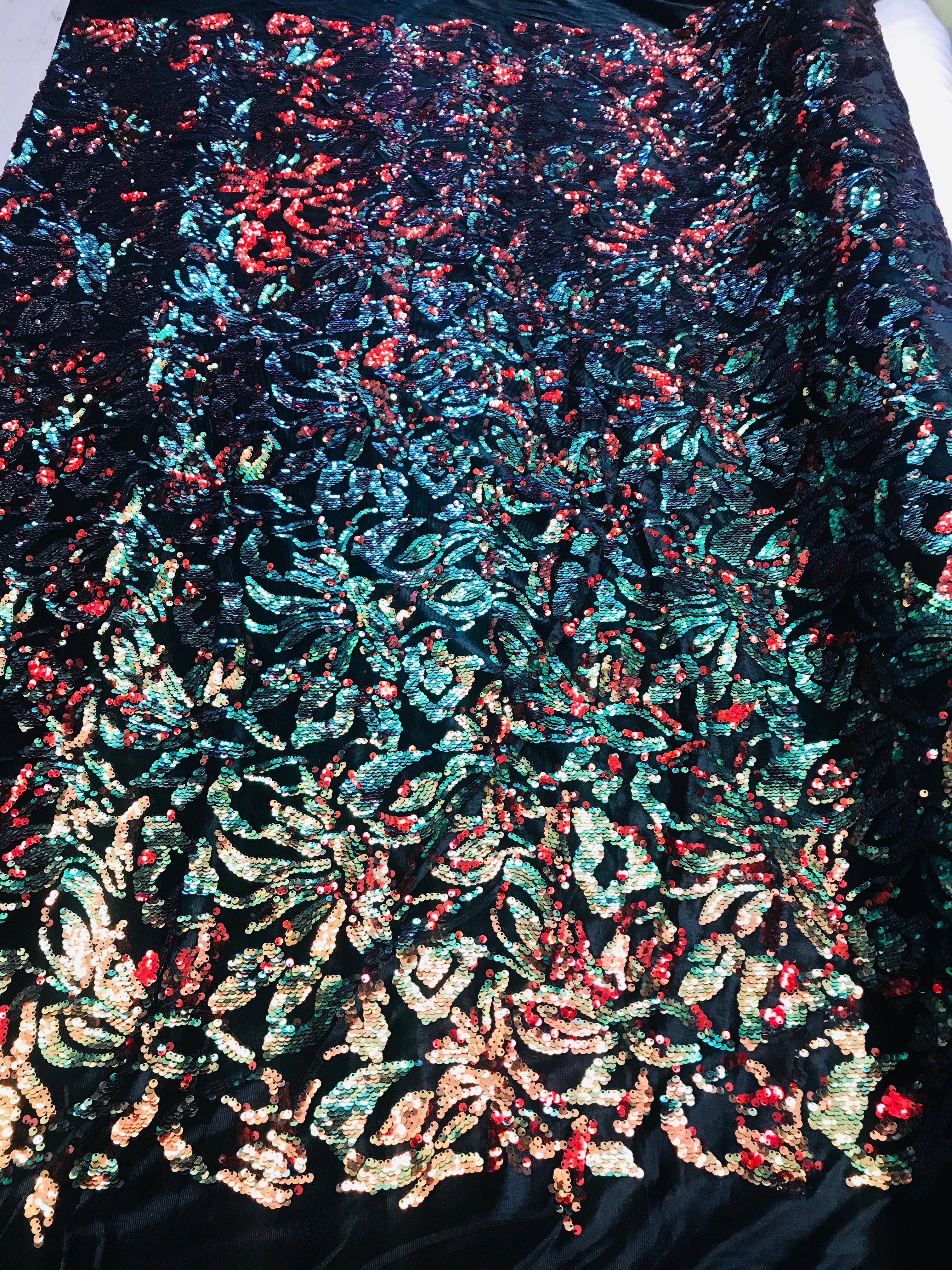 Reversible Velvet Sequins - Orange / Red - 2 Way Stretch Pattern Sequins on Black Velvet
