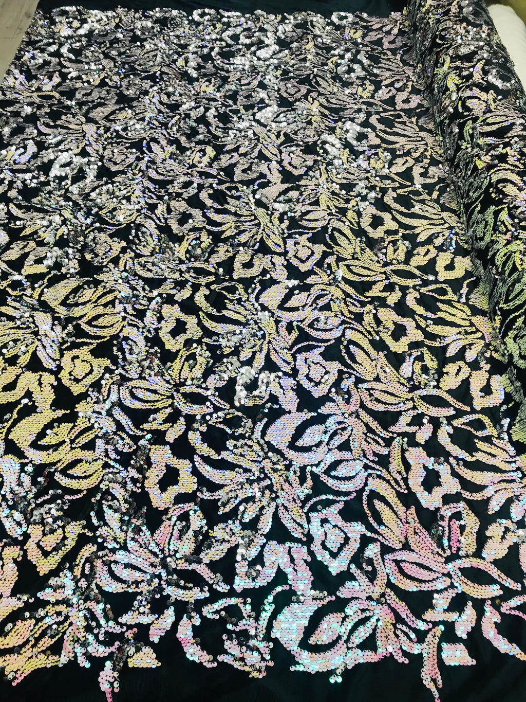 Reversible Velvet Sequins - Iridescent White / Silver 2 Way Stretch Pattern Sequins on Black Velvet