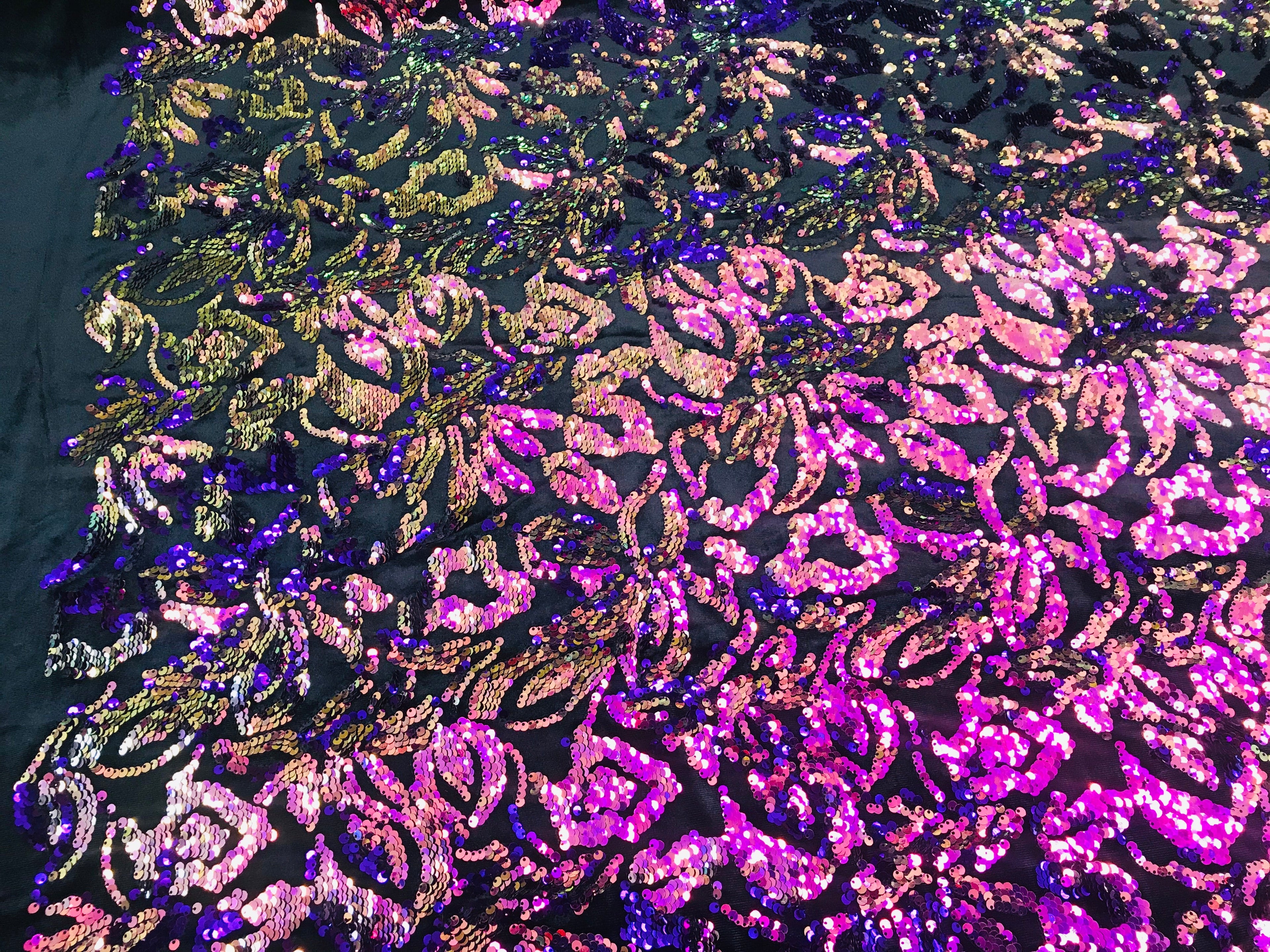 Reversible Velvet Sequins - Iridescent Purple - 2 Way Stretch Pattern Sequins on Black Velvet