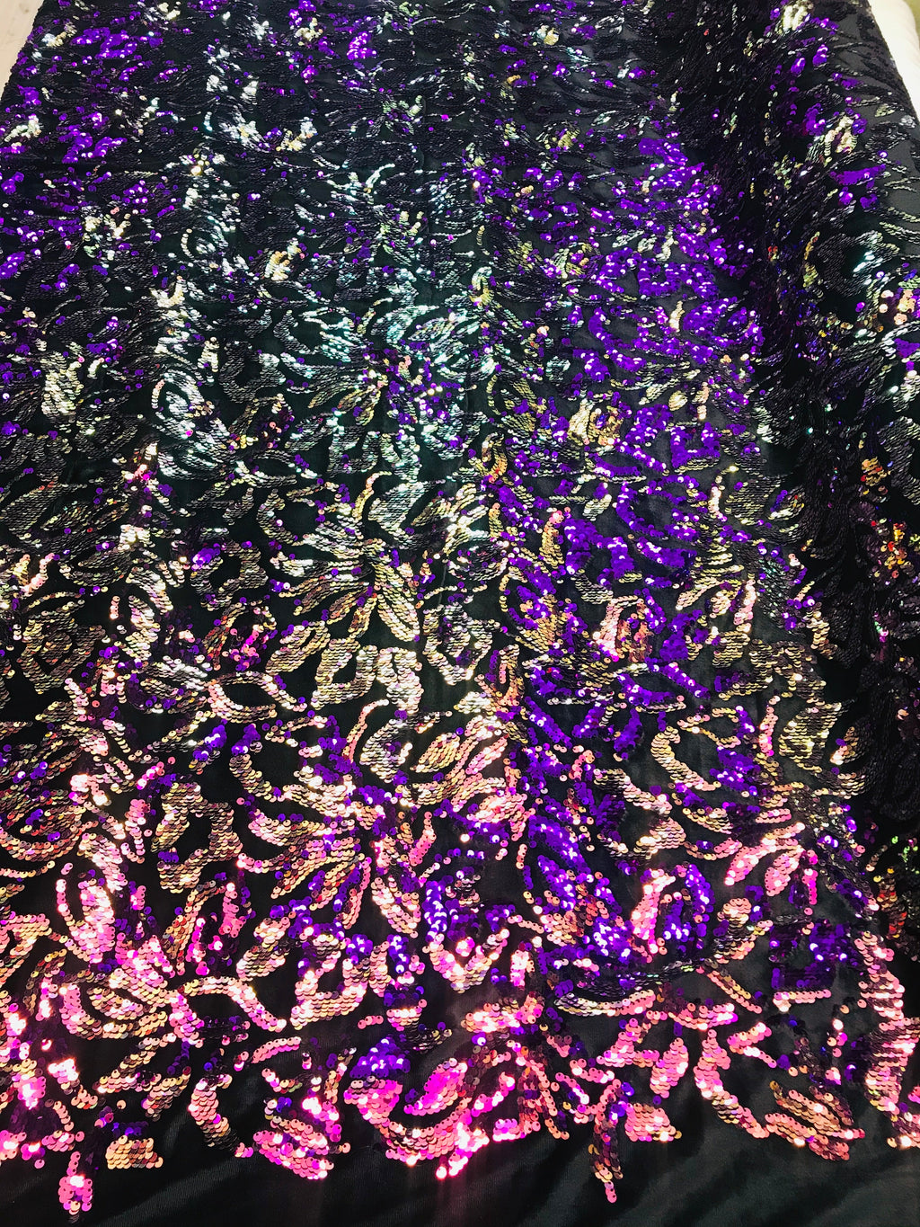 Reversible Velvet Sequins - Iridescent Purple - 2 Way Stretch Pattern Sequins on Black Velvet