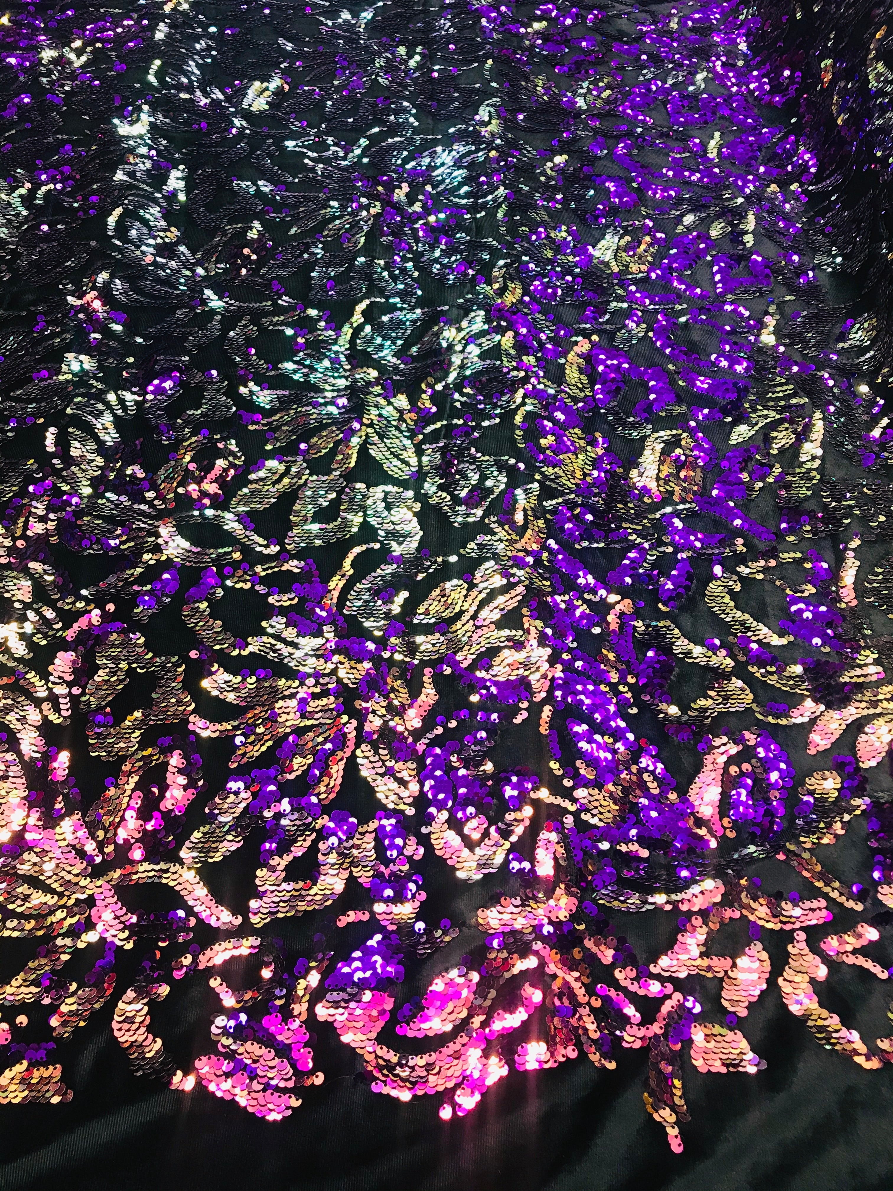 Reversible Velvet Sequins - Iridescent Purple - 2 Way Stretch Pattern Sequins on Black Velvet