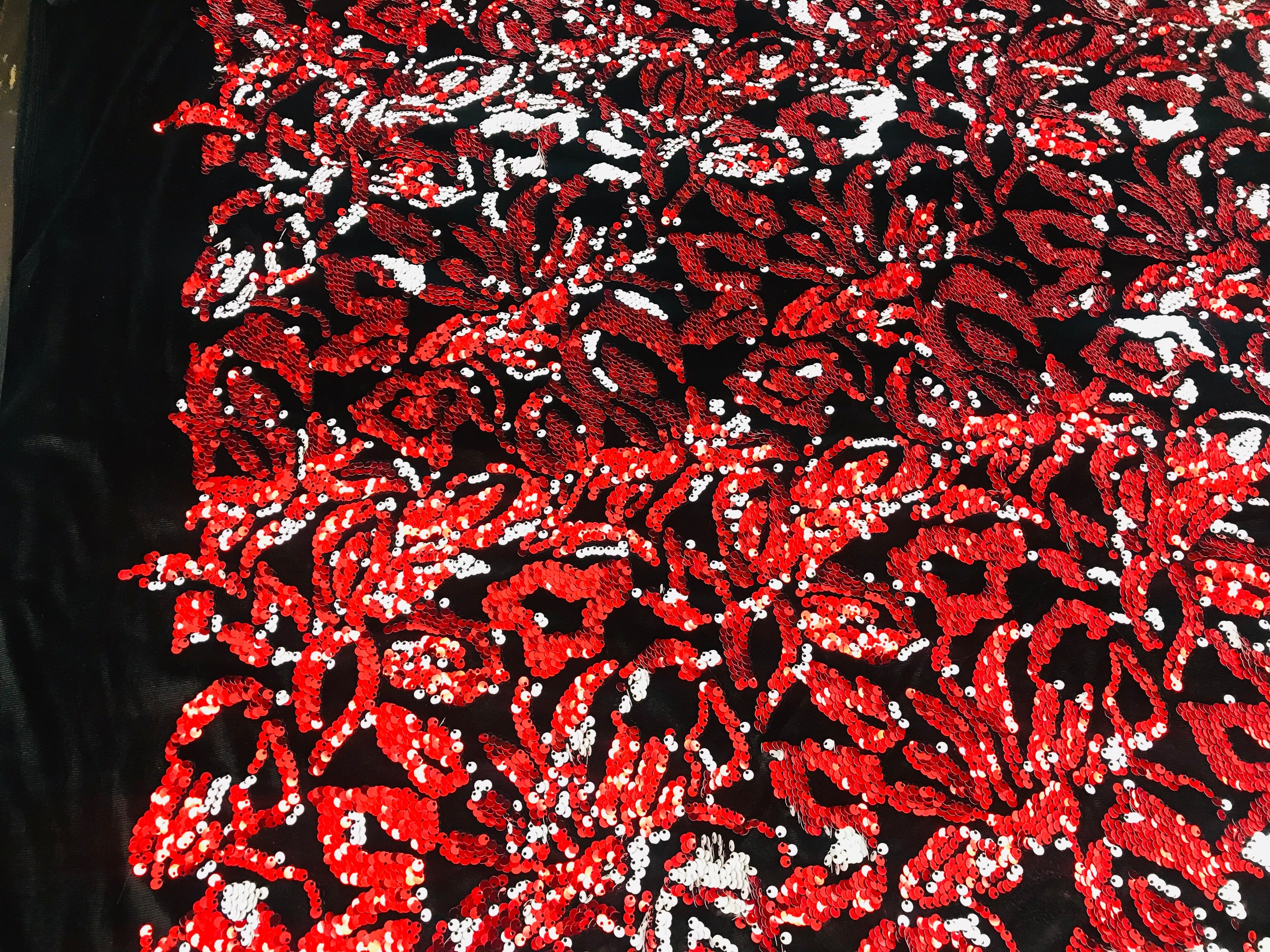 Reversible Velvet Sequins - Red / White - 2 Way Stretch Pattern Sequins on Black Velvet