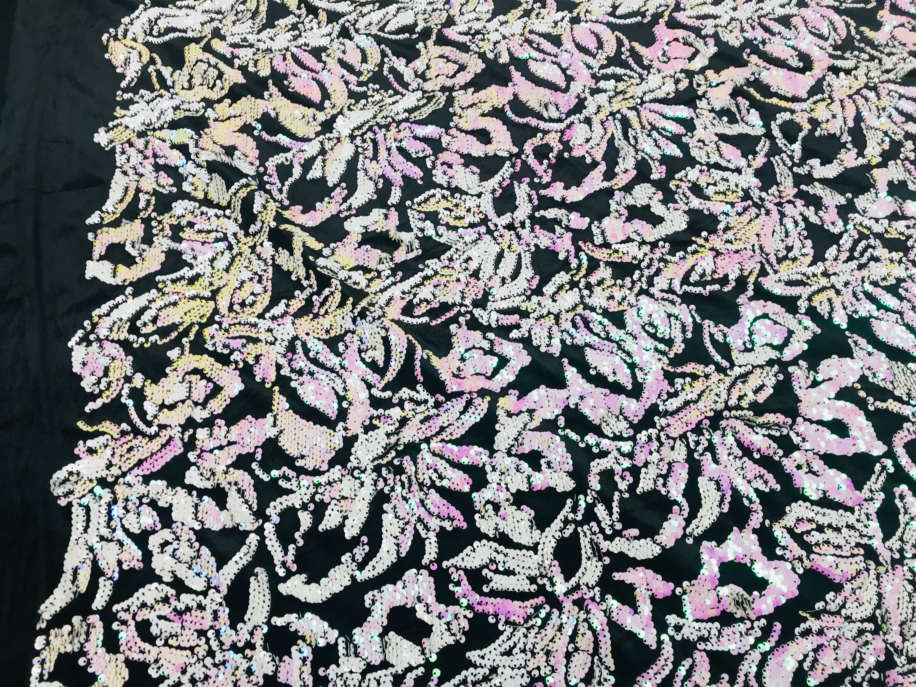 Reversible Velvet Sequins - Iridescent White / Pink - 2 Way Stretch Pattern Sequins on Black Velvet
