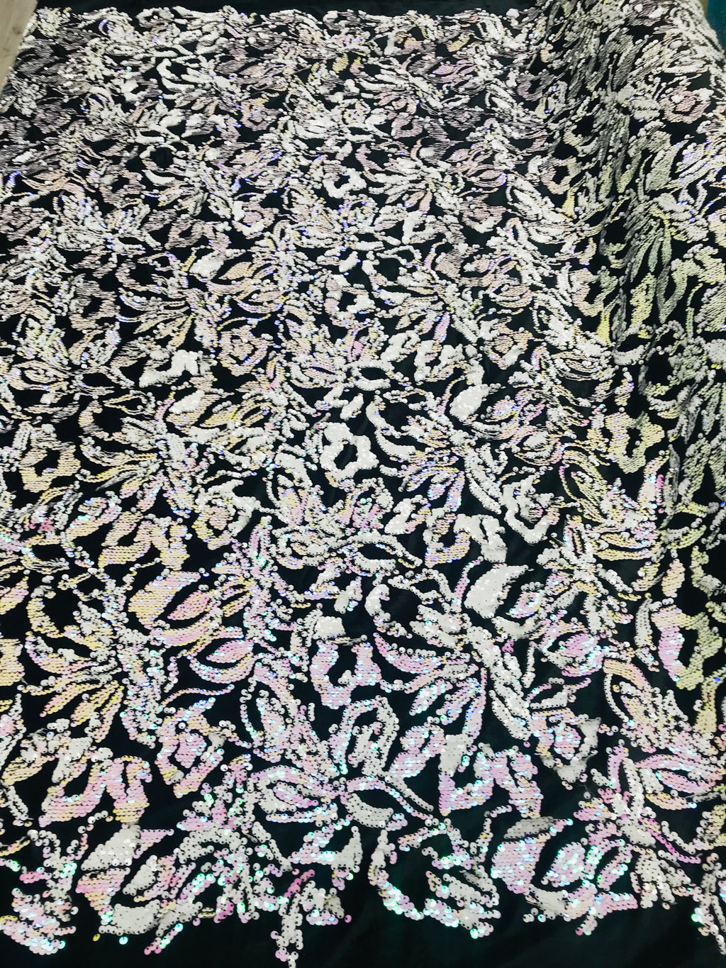 Reversible Velvet Sequins - Iridescent White / Pink - 2 Way Stretch Pattern Sequins on Black Velvet