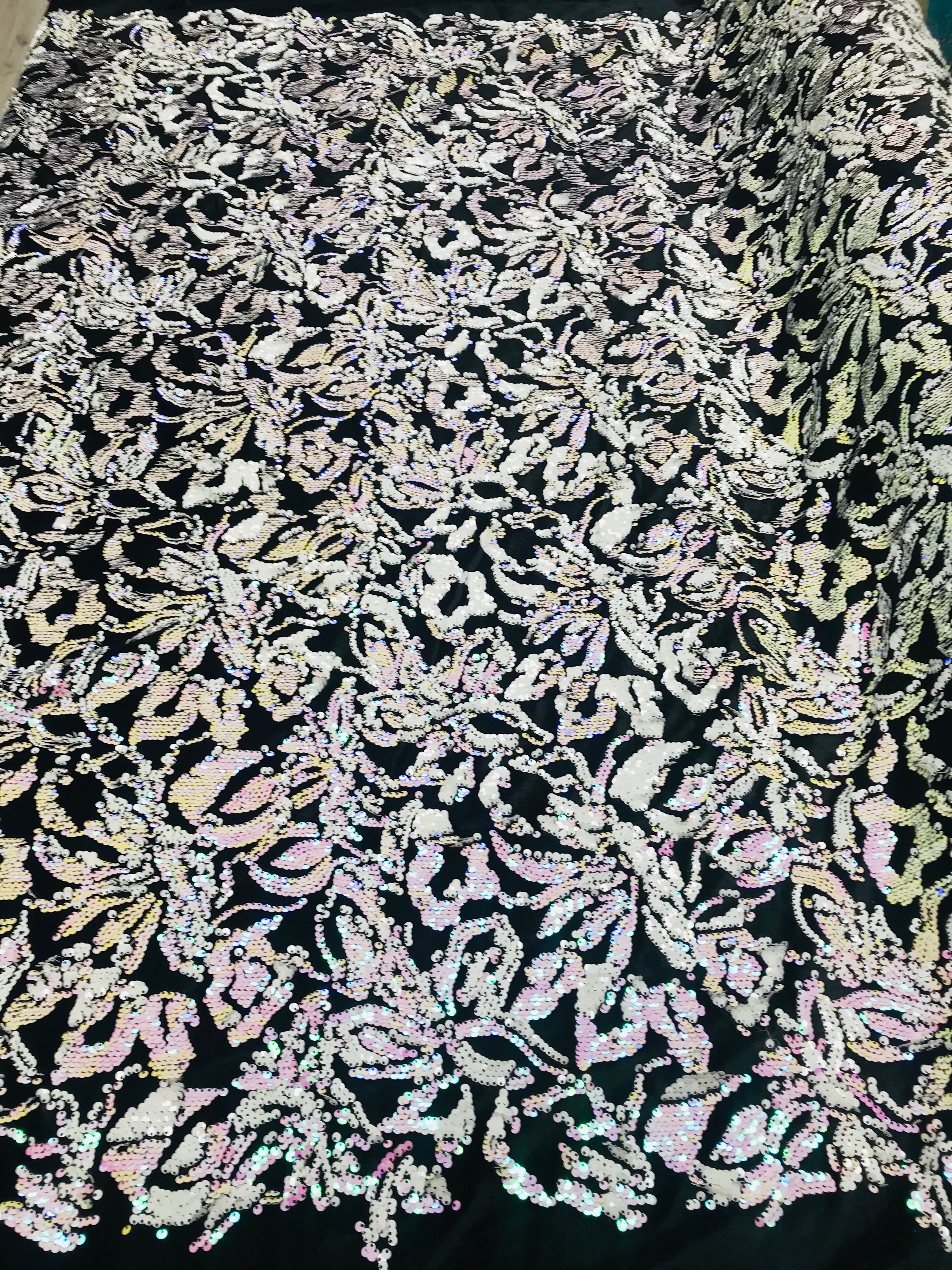 Reversible Velvet Sequins - Iridescent White / Pink - 2 Way Stretch Pattern Sequins on Black Velvet