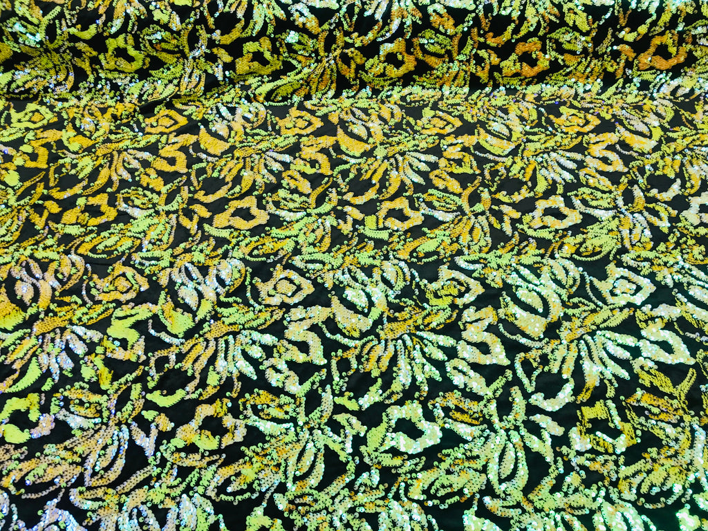 Reversible Velvet Sequins - Iridescent Yellow - 2 Way Stretch Pattern Sequins on Black Velvet