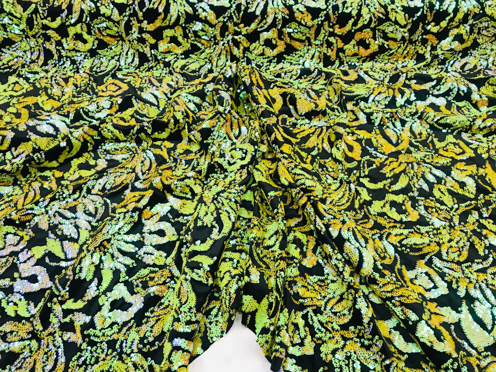 Reversible Velvet Sequins - Iridescent Yellow - 2 Way Stretch Pattern Sequins on Black Velvet