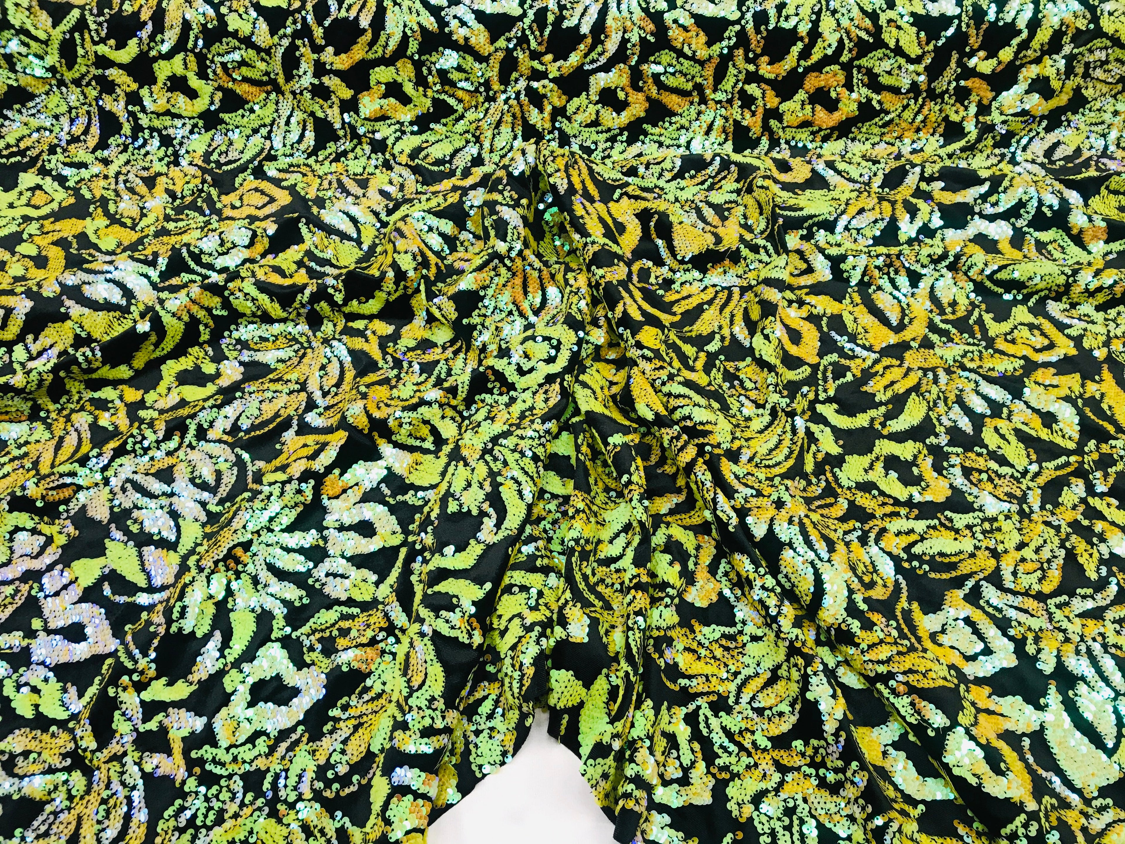 Reversible Velvet Sequins - Iridescent Yellow - 2 Way Stretch Pattern Sequins on Black Velvet