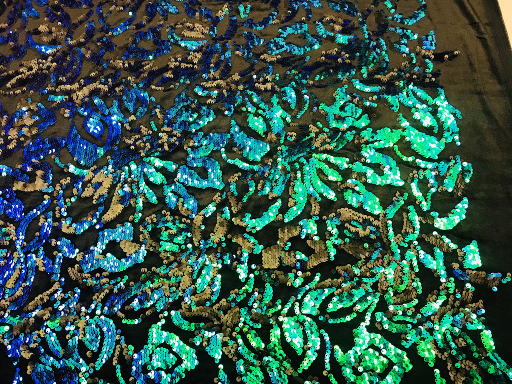 Reversible Velvet Sequins - Iridescent Blue Green - 2 Way Stretch Pattern Sequins on Black Velvet