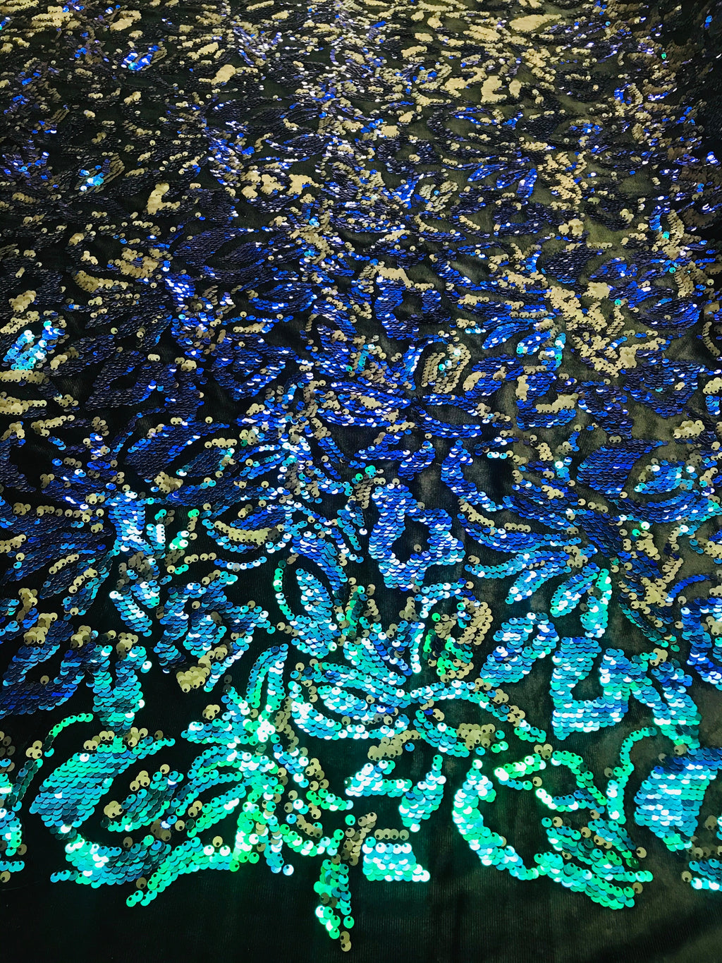 Reversible Velvet Sequins - Iridescent Blue Green - 2 Way Stretch Pattern Sequins on Black Velvet