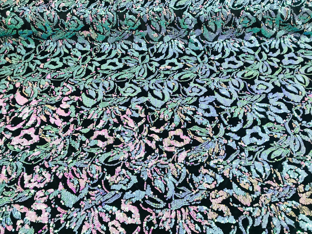 Reversible Velvet Sequins - Iridescent Unicorn - 2 Way Stretch Pattern Sequins on Black Velvet