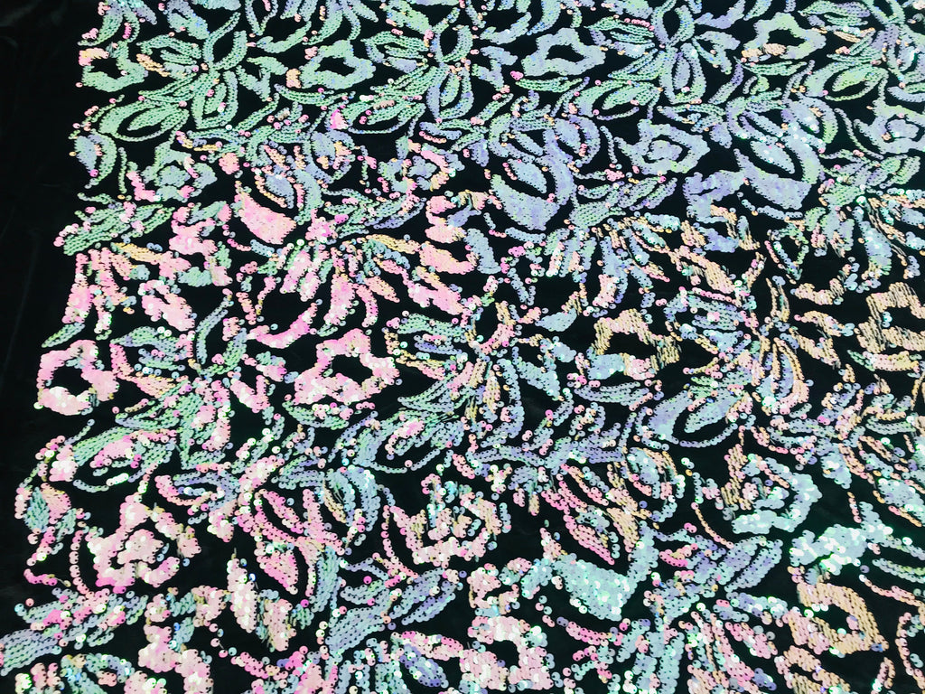 Reversible Velvet Sequins - Iridescent Unicorn - 2 Way Stretch Pattern Sequins on Black Velvet
