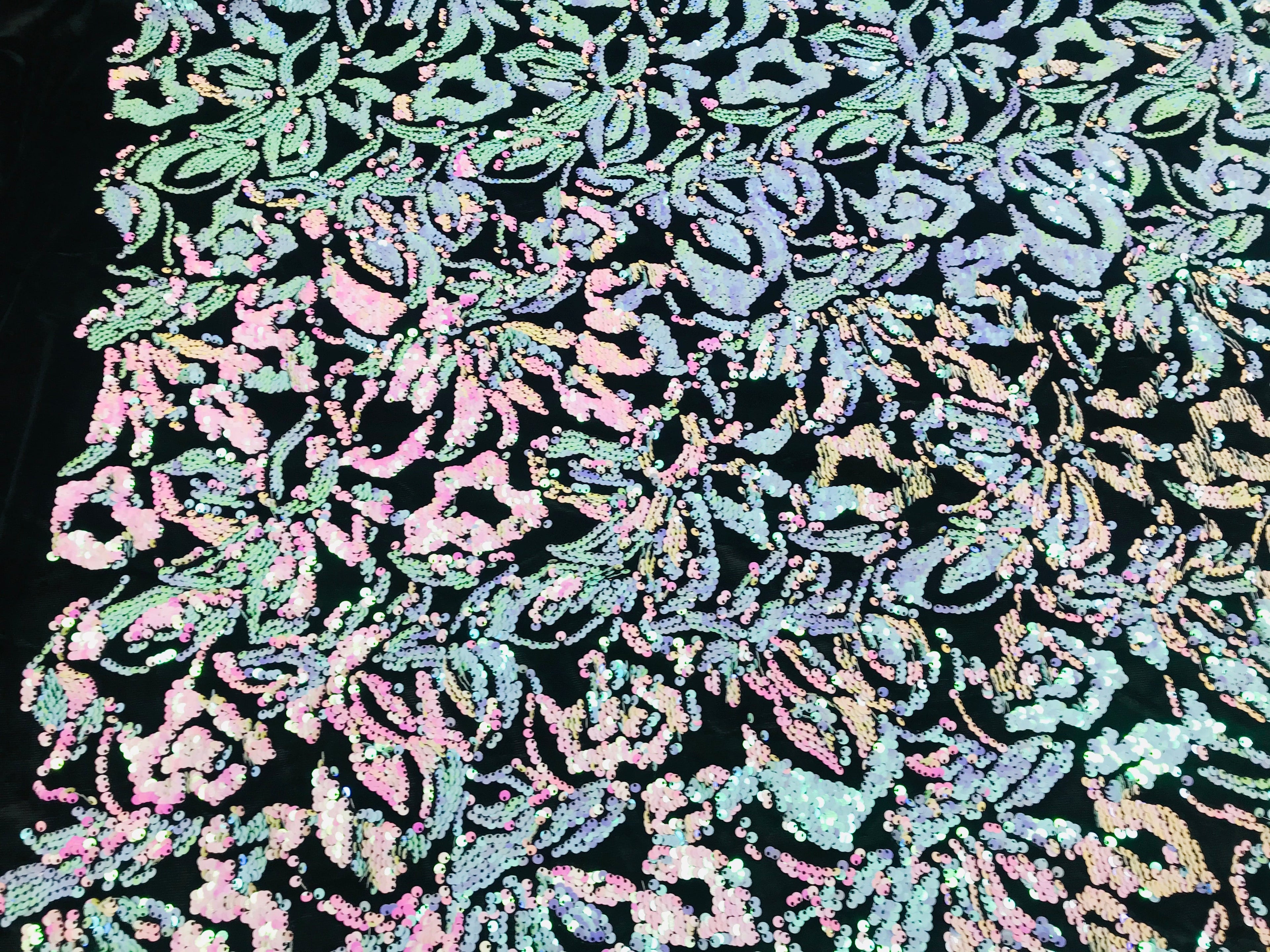 Reversible Velvet Sequins - Iridescent Unicorn - 2 Way Stretch Pattern Sequins on Black Velvet