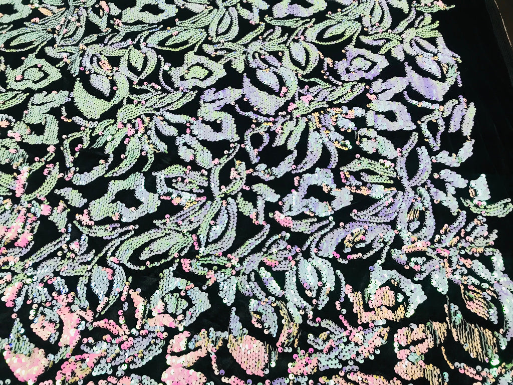 Reversible Velvet Sequins - Iridescent Unicorn - 2 Way Stretch Pattern Sequins on Black Velvet